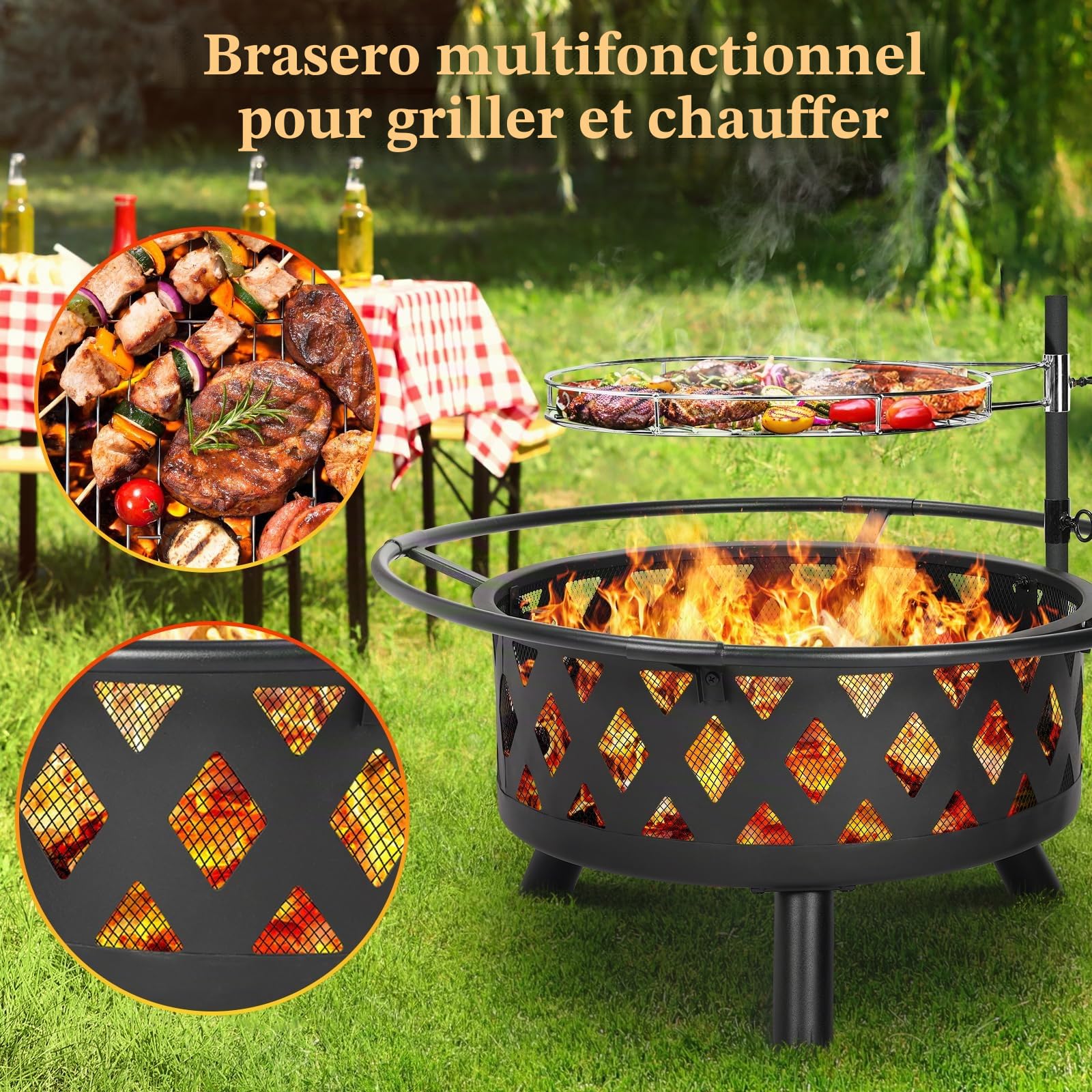 TLSUNNY Brasero de Jardin avec Grille Rotative, Ø 76 cm Brasero d'Extérieur