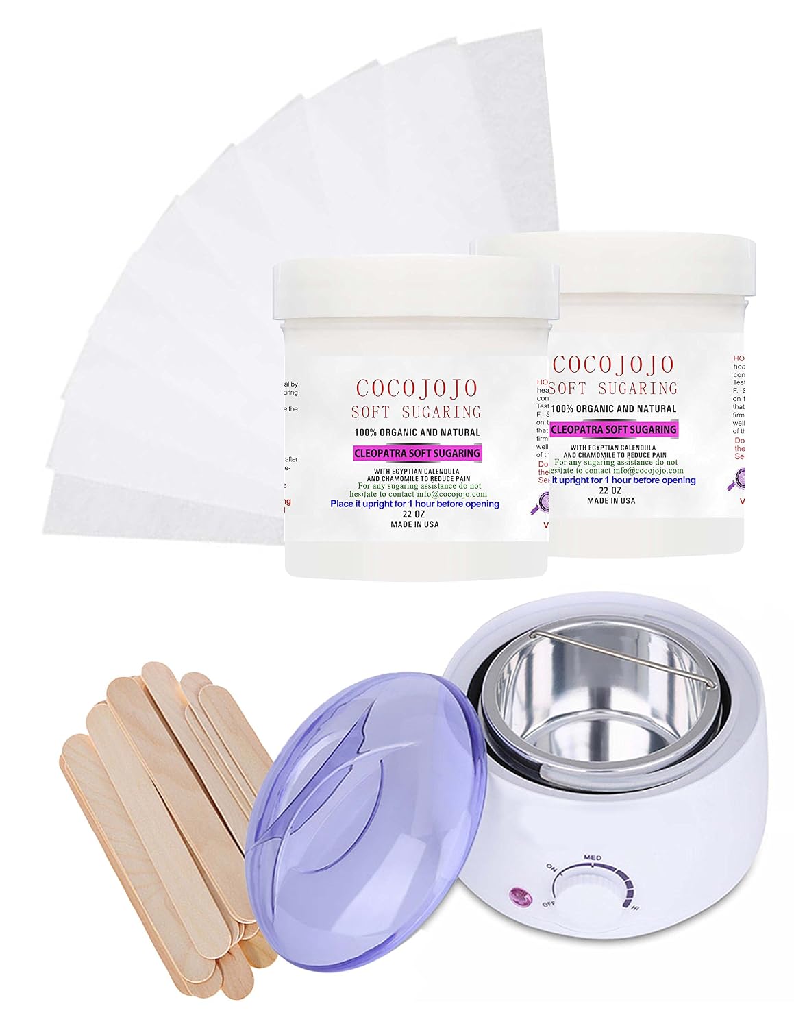 Sugaring Wax Warmer + Cocojojo 2 Jars of 22 Oz Each of