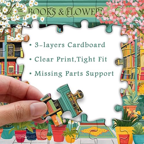 Miniatura 4 de PICKFORU Rompecabezas de libro de 1000 piezas, rompecabezas de flores de primavera para adultos, rompecabezas de estantería floreciente como
