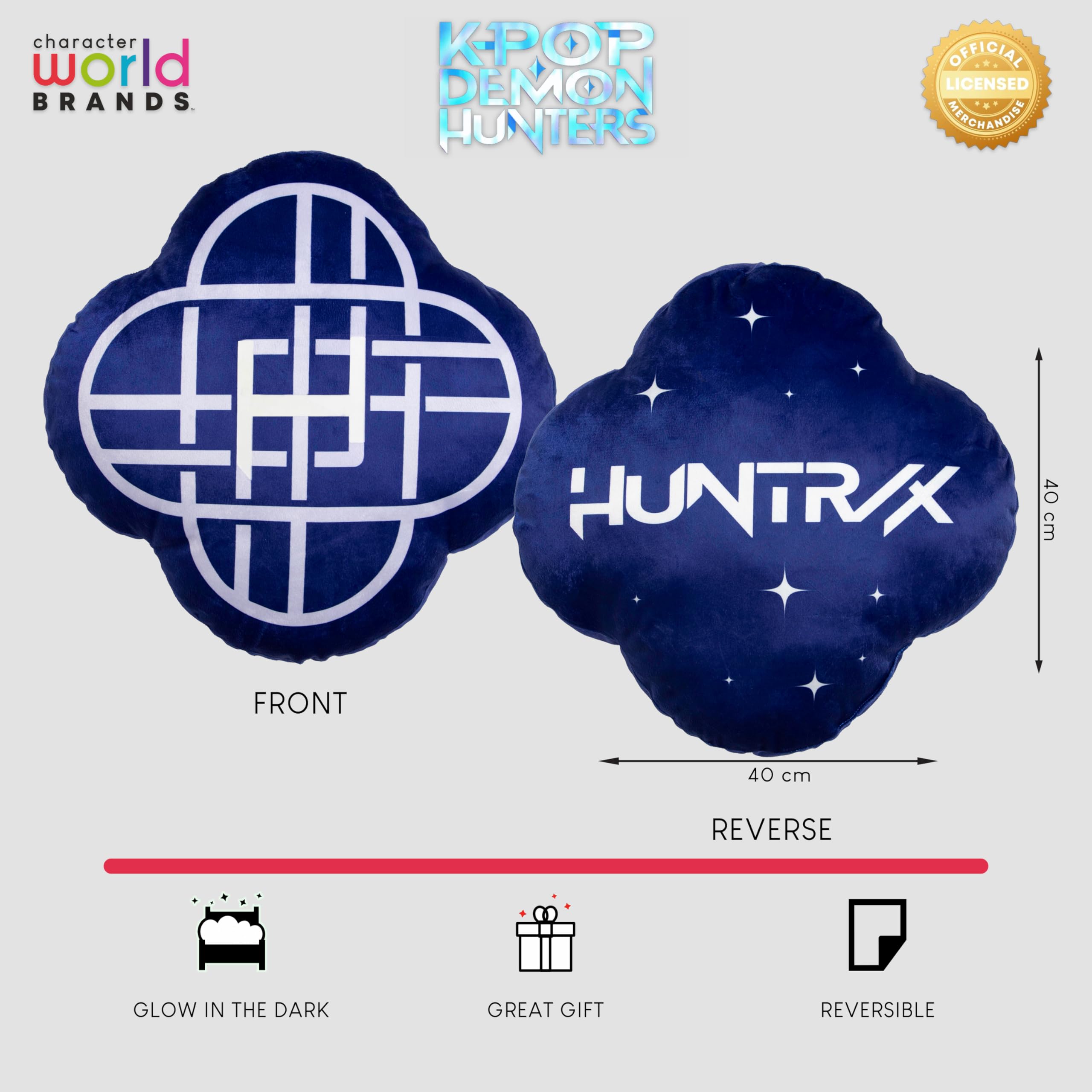 Cuscino sagomato con licenza ufficiale K-Pop Demon Hunters | Design Huntrix lampeggiante | Emblema che si illumina al buio | Perfetto per l'arredamento della camera da letto o del soggiorno 40 x 40 cm