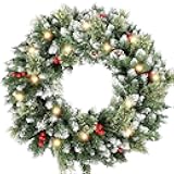24 Inch Christmas Wreaths for Front Door with Lights,Lighted Artificial Flowering Pine Door Wreath,Prelit Faux Green Winter Wreath with Pine Cones and Red Berry for Indoor Outdoor Decor