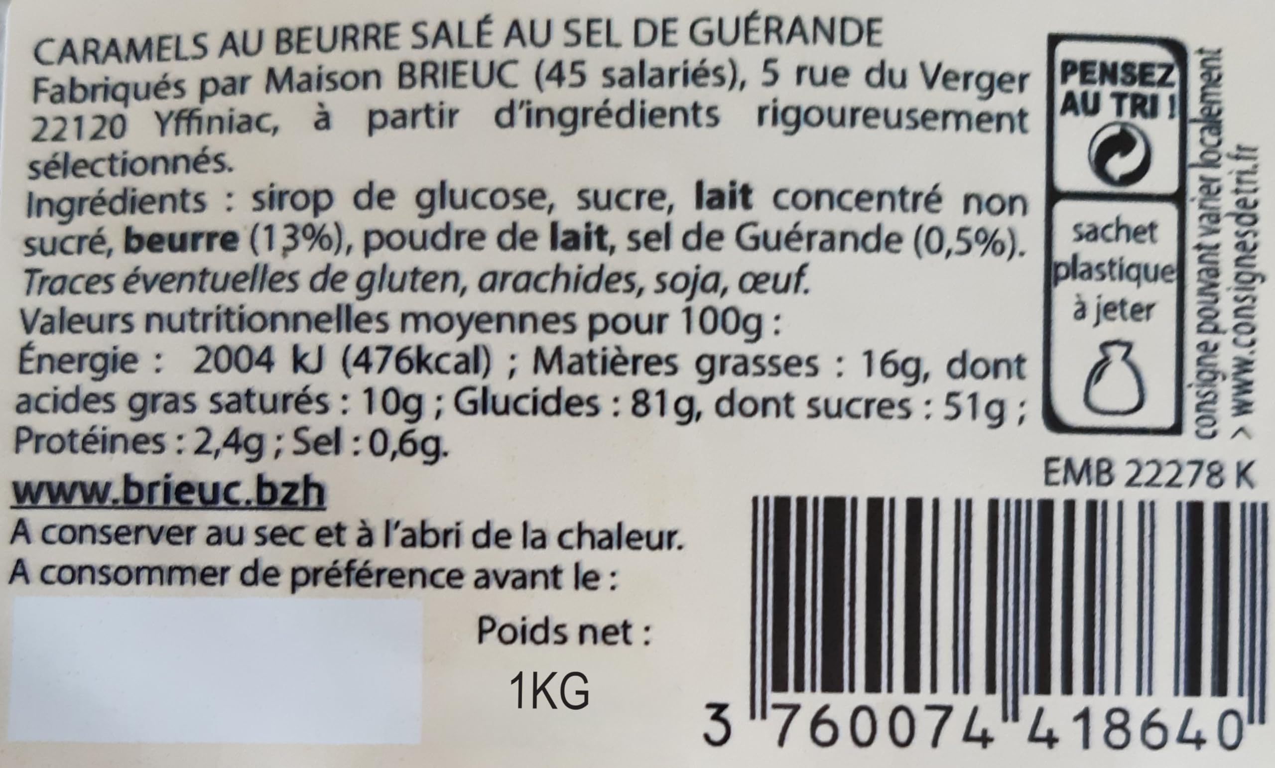 BRIEUC – 1KG de Bonbons Mous au Caramel au Beurre Salé (Sel de Guérande) - Gourmandise Bretonne 100% FRANÇAISE