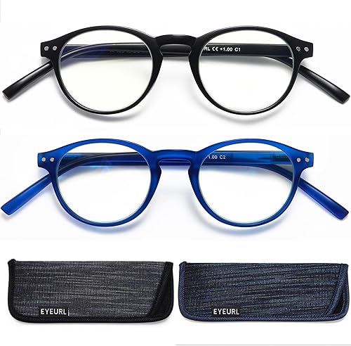 EYEURL Paquete de 2 lentes de lectura para mujer, marco redondo, para hombre, para colgar en el cuello, bloqueo de luz azul, con bisagras de EYEURL Paquete de 2 lentes de lectura para mujer, marco redondo, para hombre, para colgar en el cuello, bloqueo de luz azul, con bisagras de