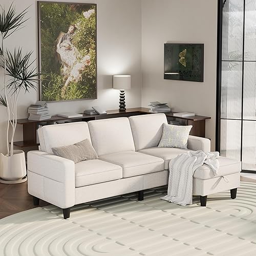 Miniatura 7 de Yattem Sofá seccional, sofá biege convertible en forma de L con otomana de almacenamiento reversible y bolsillos laterales de almacenamiento,