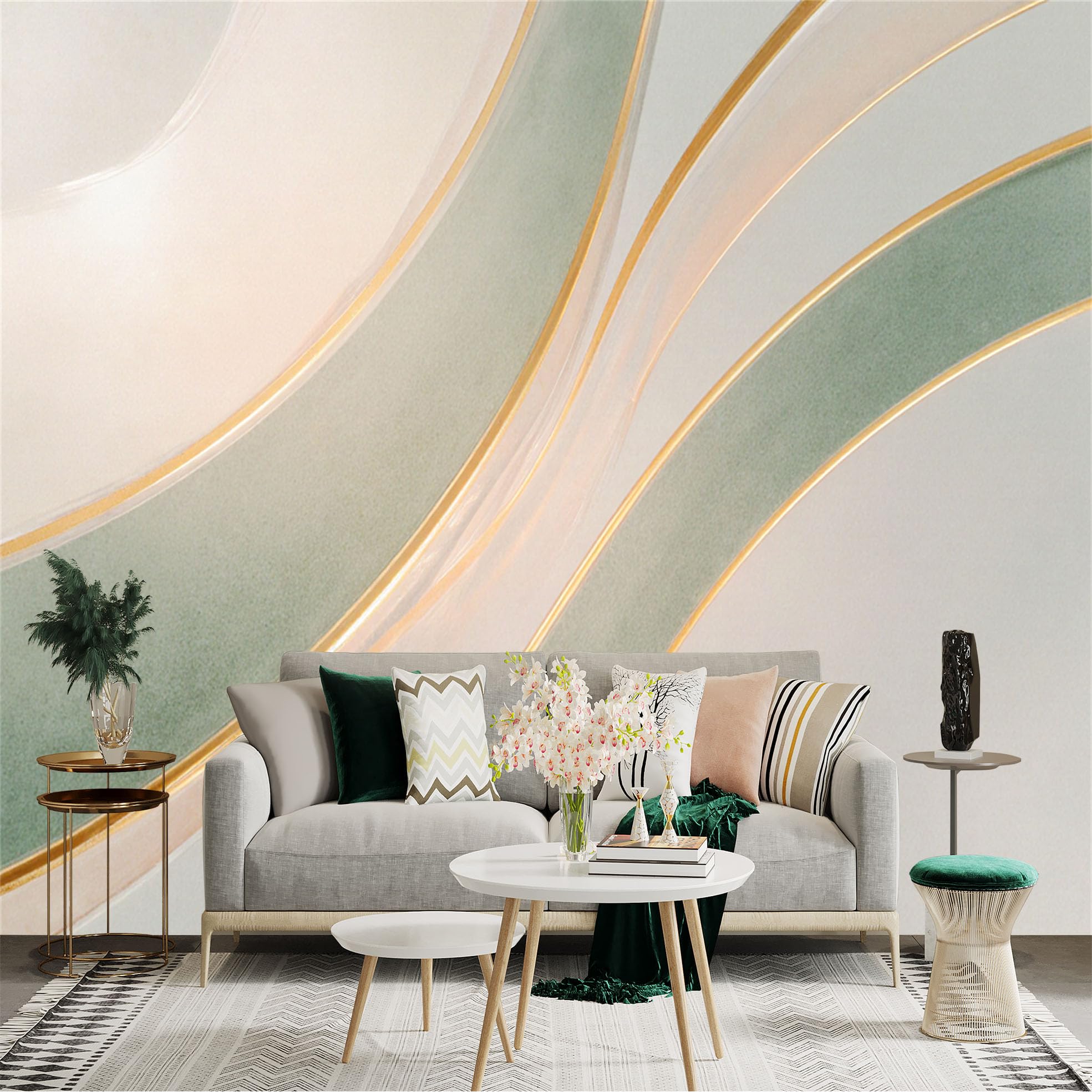 Custom Size Wall Sticker Mural， Modern Minimalist Abstract Curves， Soft Green and Gold Lines， Elegant Fluid Shapes， for wall Decoration， peelandstick wall Decals.