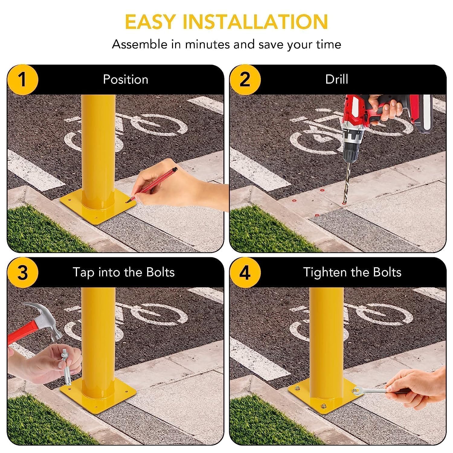 Safety Bollard 4 Packs, 42 Inch Height Bollard Post, 4.5 Inch Diameter, Yellow Safety Steel Bollard Post with 16 Anchor Bolts, for Traffic Control, Driveway Barrier, Parking Pole