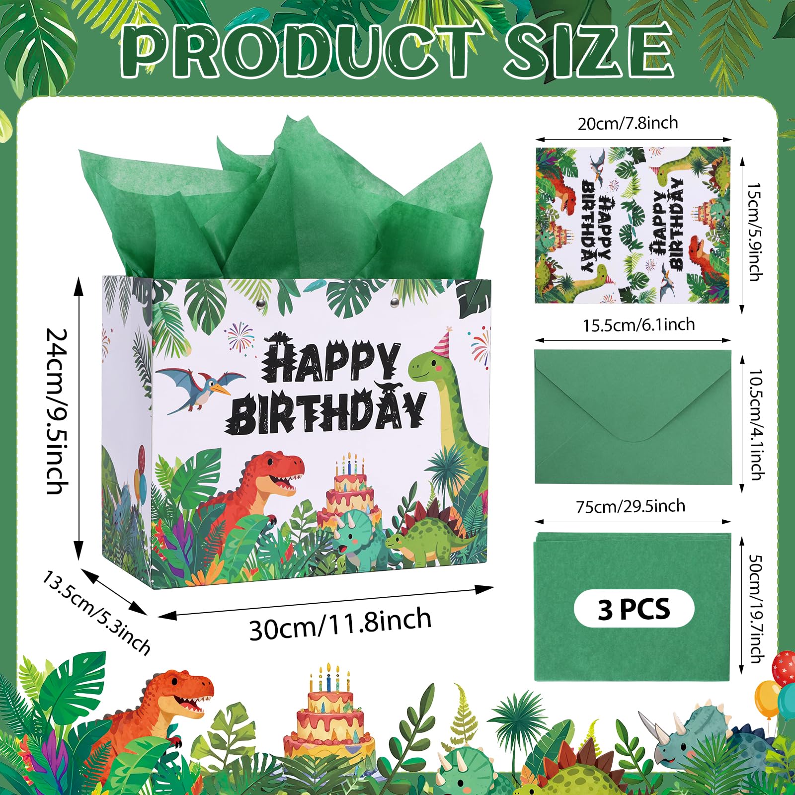 Lednica Dinosaur Happy Birthday Gift Bag with Tissue Paper, Envelop and Greeting Card, T-Rex Paper Gift Bags for Kids Boys Girls, Green Dino Party Favors Supplies, 11.8"x9.5"x5.3"