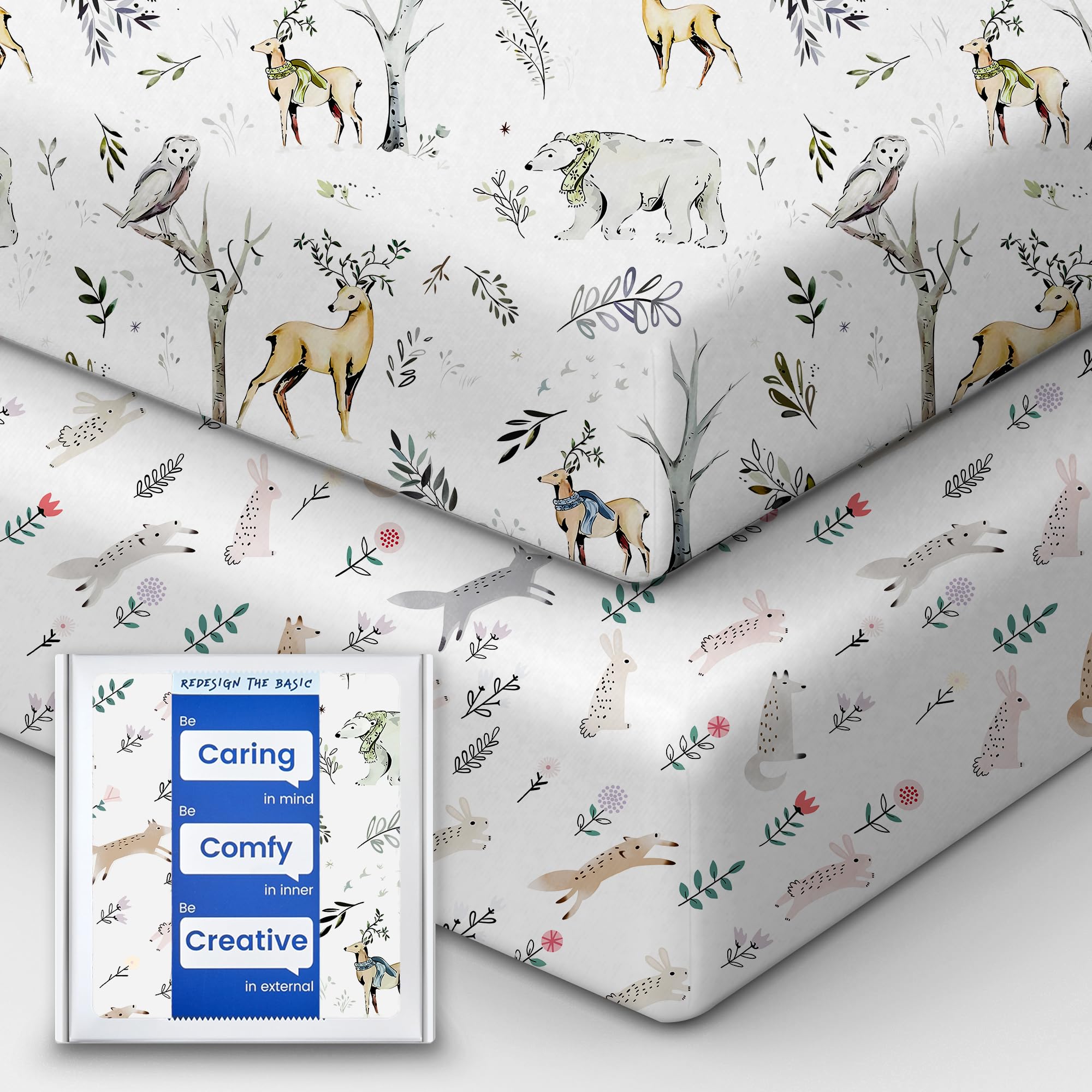 Boy Crib Sheets, TotBasic Premium Soft Crib Mattress Sheet Fitted, Ultra Breathable Crib Fitted Sheet, Super Stretchy Baby Bed Sheets 28''x52''x9'' Extra Deep Pocket (Woodland Deer &amp; Rabbit Fox)