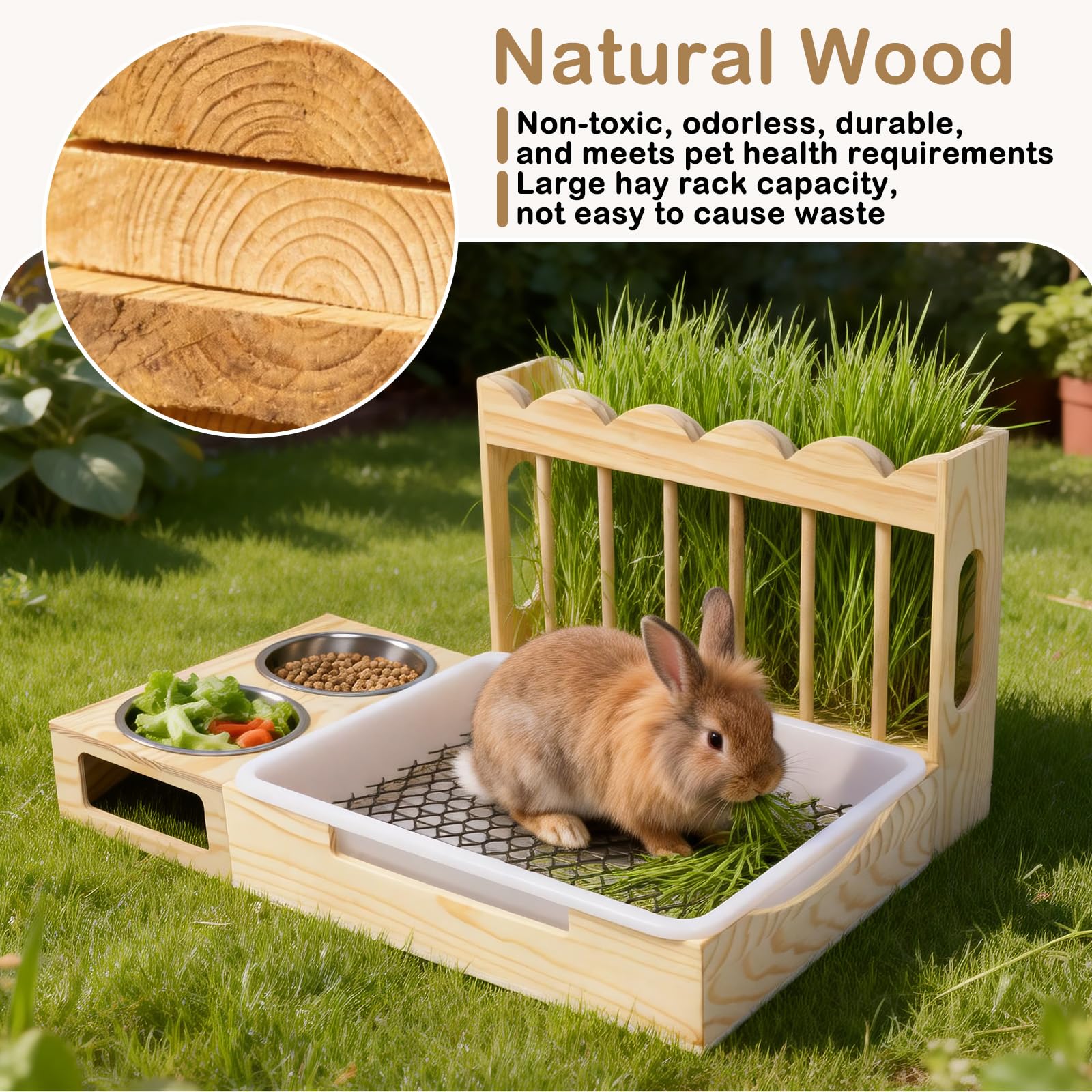 3-in-1 Rabbit Hay Feeder with Litter Box, Sturdy Wooden Hay Feeder Set for Guinea Pigs, Chinchillas, Hamsters, Ferret, Rabbits and Other Small Animal - image 7