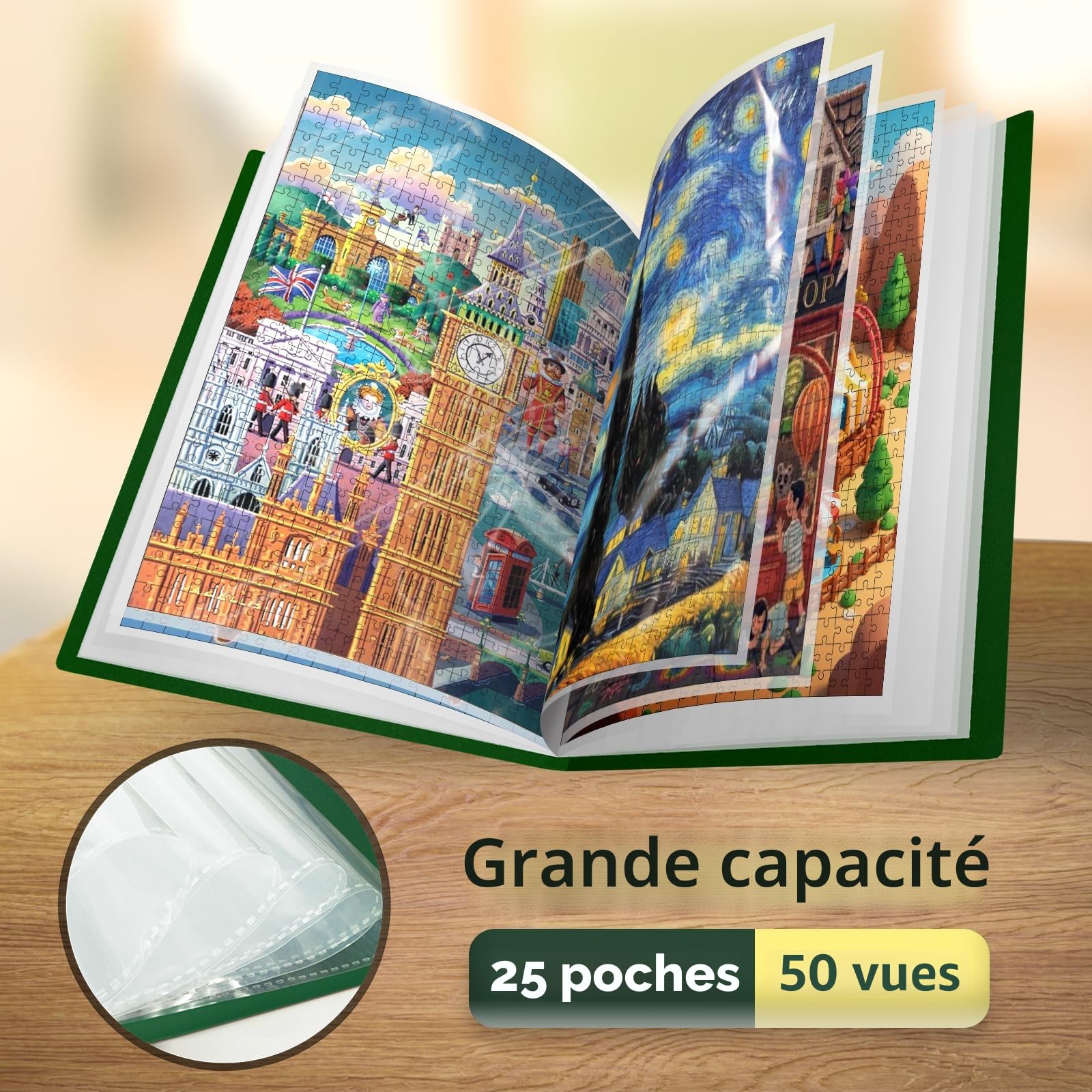 Classeur Puzzle 1000 Pieces avec 25 Poches, Rangement Puzzle Portable de Grande Capacité, Accessoires pour Puzzles de Stockage, Poussière et Protecteurs