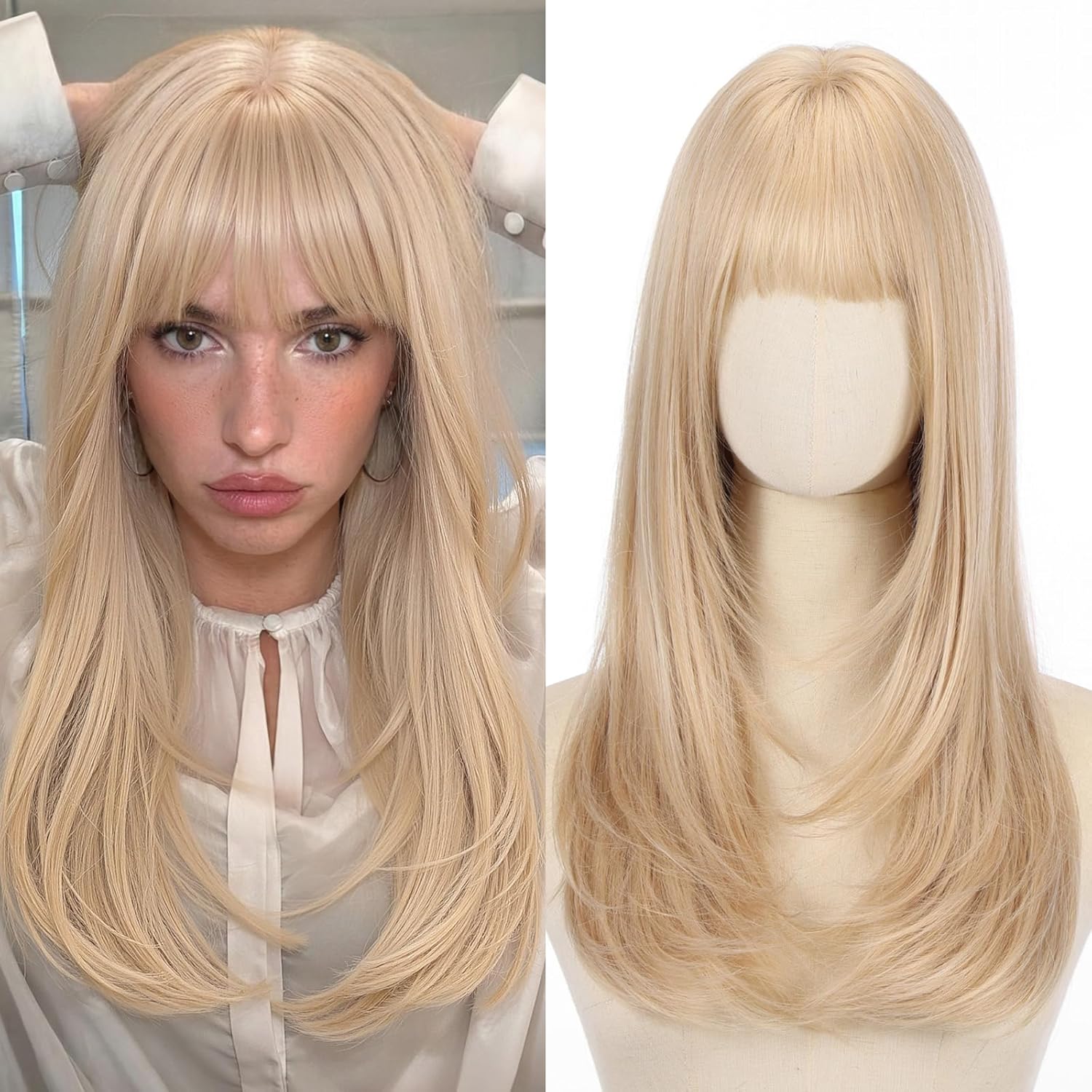 testar Blonde Straight Wigs for Women with Bangs Natural Synthetic Layered Heat Resistant Wig for Girls Daily Party Cosplay Halloween Use 22 Inch