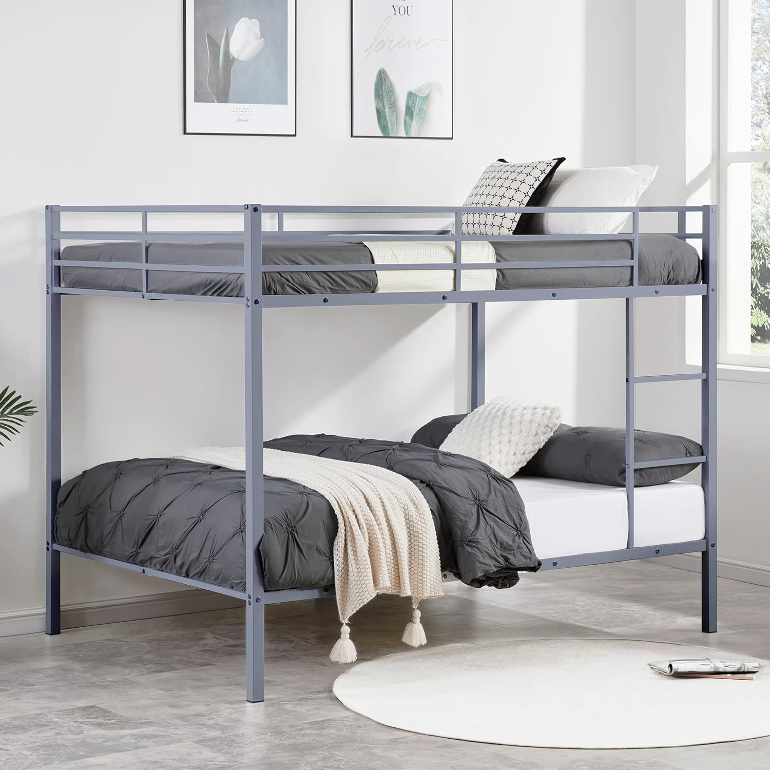Full Over Full Bunk Bed Frame - Heavy Duty Metal Bunk Bed with Safety Guard Rails & Built-in Ladder, Low Profile Design for Teens, No Box Spring Needed, Space-Saving for Small Rooms，Grey