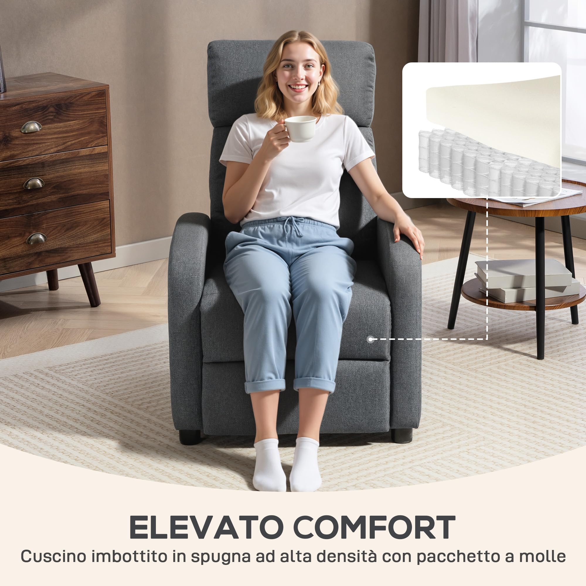 HOMCOM Poltrona Relax Imbottita con Poggiapiedi 69x87x100.5 cm Grigio | Schienale Reclinabile 135°, Poggiapiedi Estraibile, in Lino