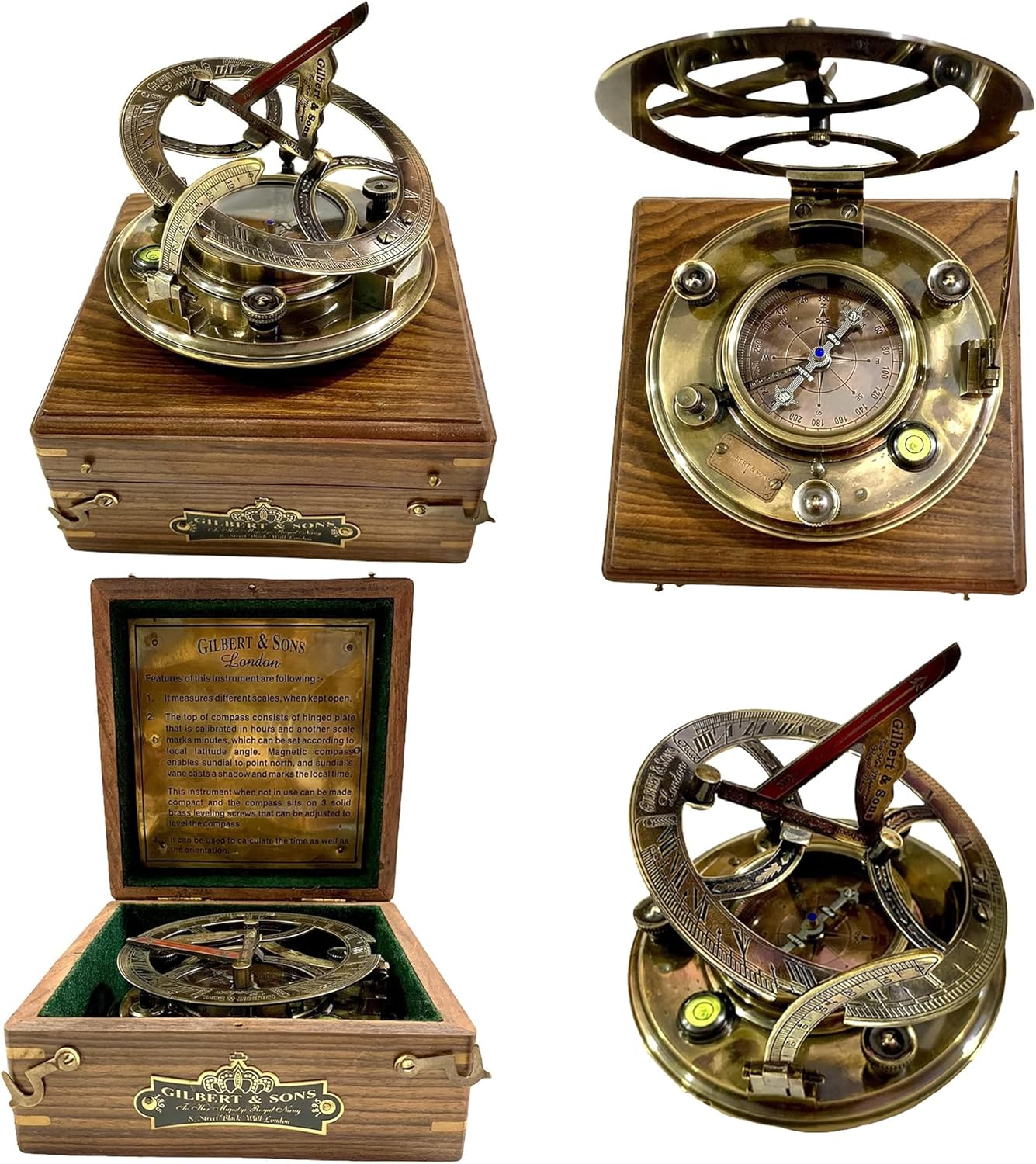 Collectibles Gallery Brass Nautical - 5 inches Large Sundial Compass in Rosewood Case Top Grade Calibrated Vintage Gift, Medium, Brass Antique Finish
