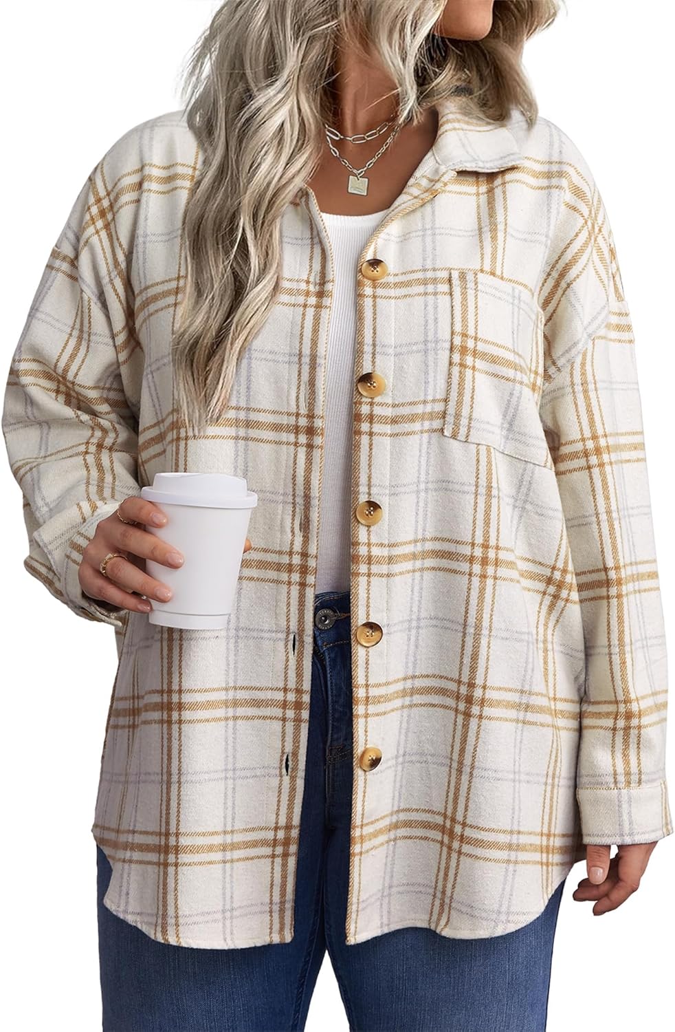 IN'VOLAND Women's Plus Size Plaid Shacket Long Sleeve Button Down Flannel Shirts Casual Jacket Coats Khaki
