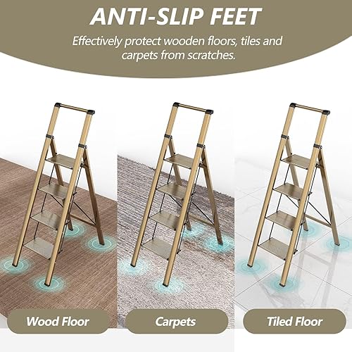 Miniatura 2 de Escalera de 4 escalones, taburete plegable con pedal antideslizante ancho y resistente, escalera de escalera de aluminio ligero y portátil,