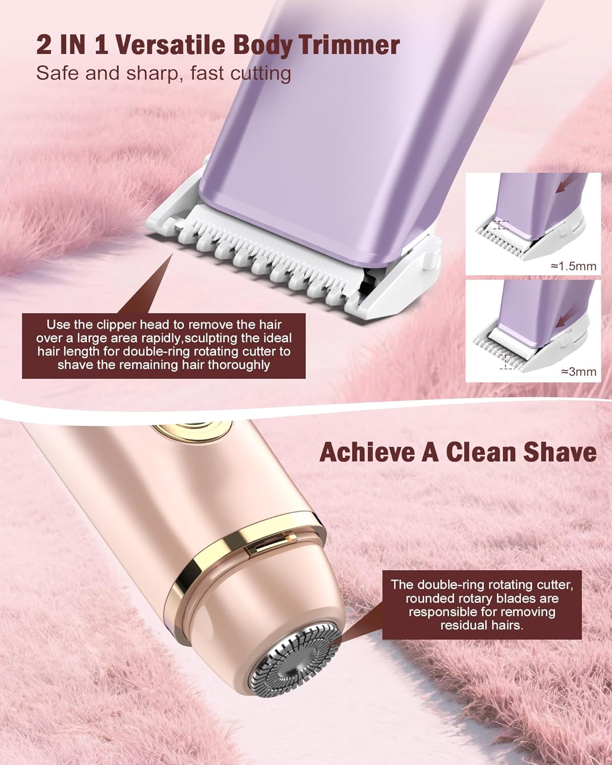 Bikini Trimmer for Women - 2 in 1 Dual Head Bikini Shaver, Painless Electric Razors for Silk Skin, Ceramic Blade, Waterproof Wet & Dry Use Body Hair Removal for Trip（Purple）