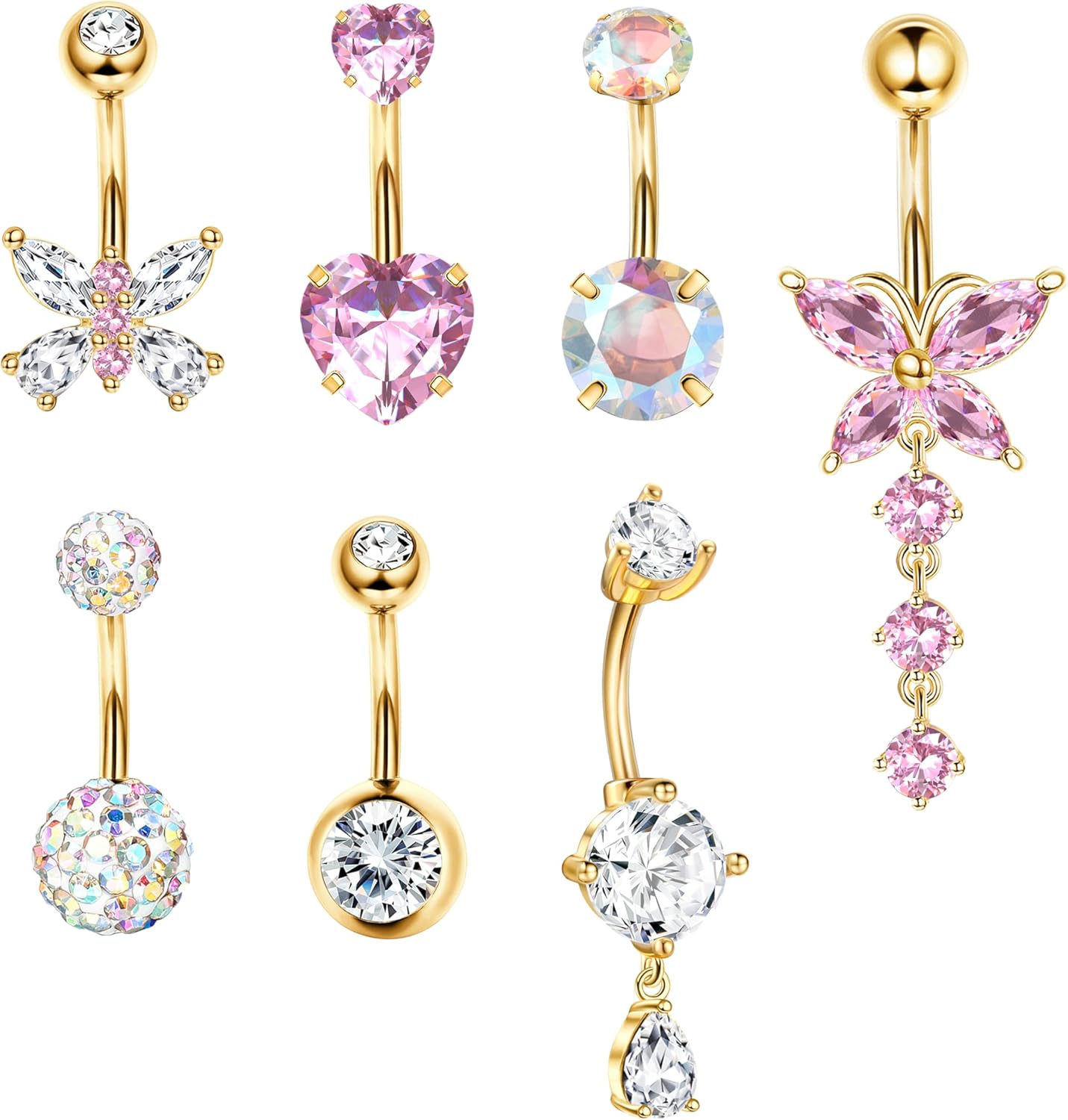 YADOCA Gold Belly Button Ring Navel Piercing Jewelry - Surgical Steel Dangle Belly Rings for Women 14G Dainty Colorful Pink Belly Button Piercing Gold Silver Tone