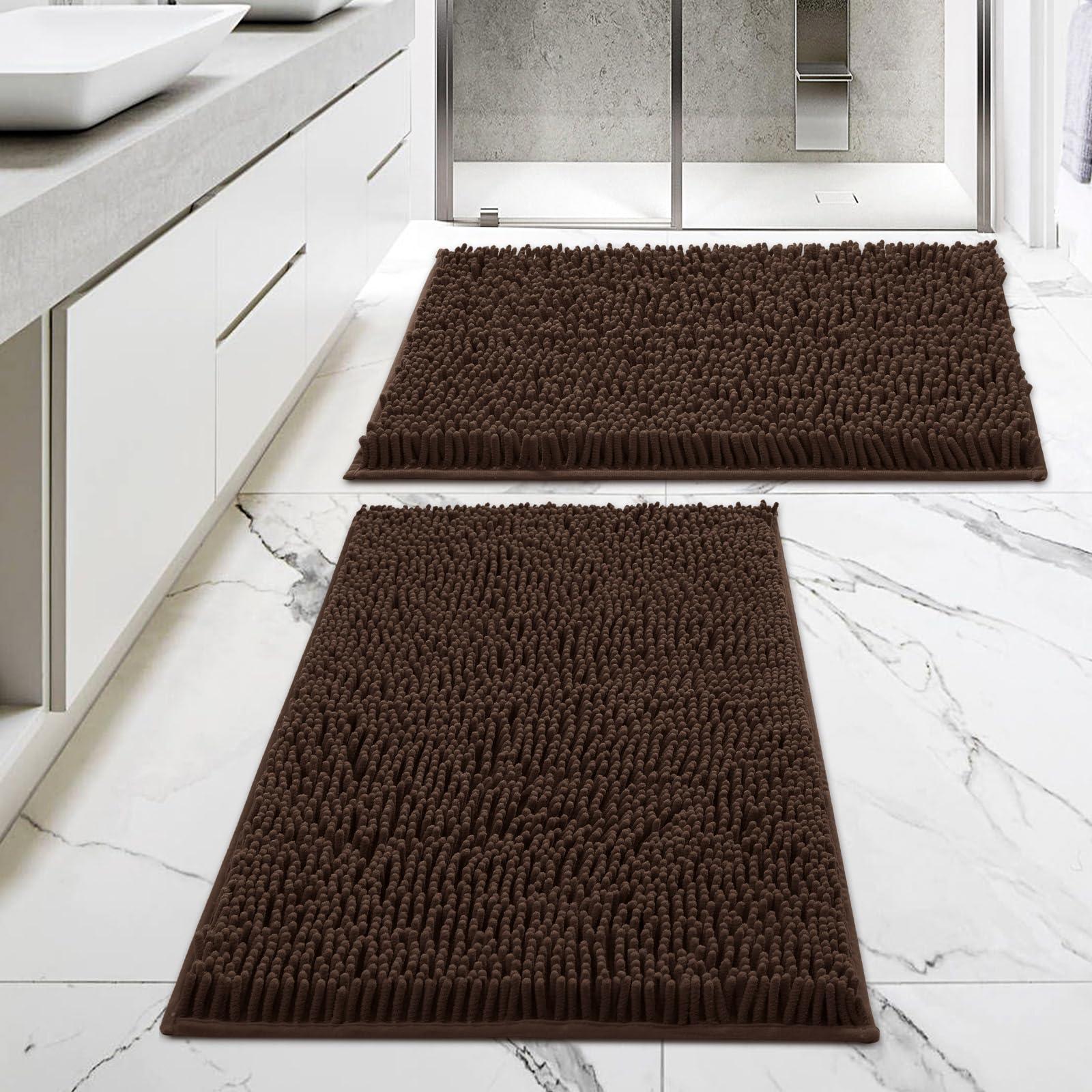 MitoVilla Lot de 2 tapis de salle de bain en chenille extra doux et absorbant – Tapis de bain antidérapant et épais à poils longs, marron, 50,8 x 81,3 cm
