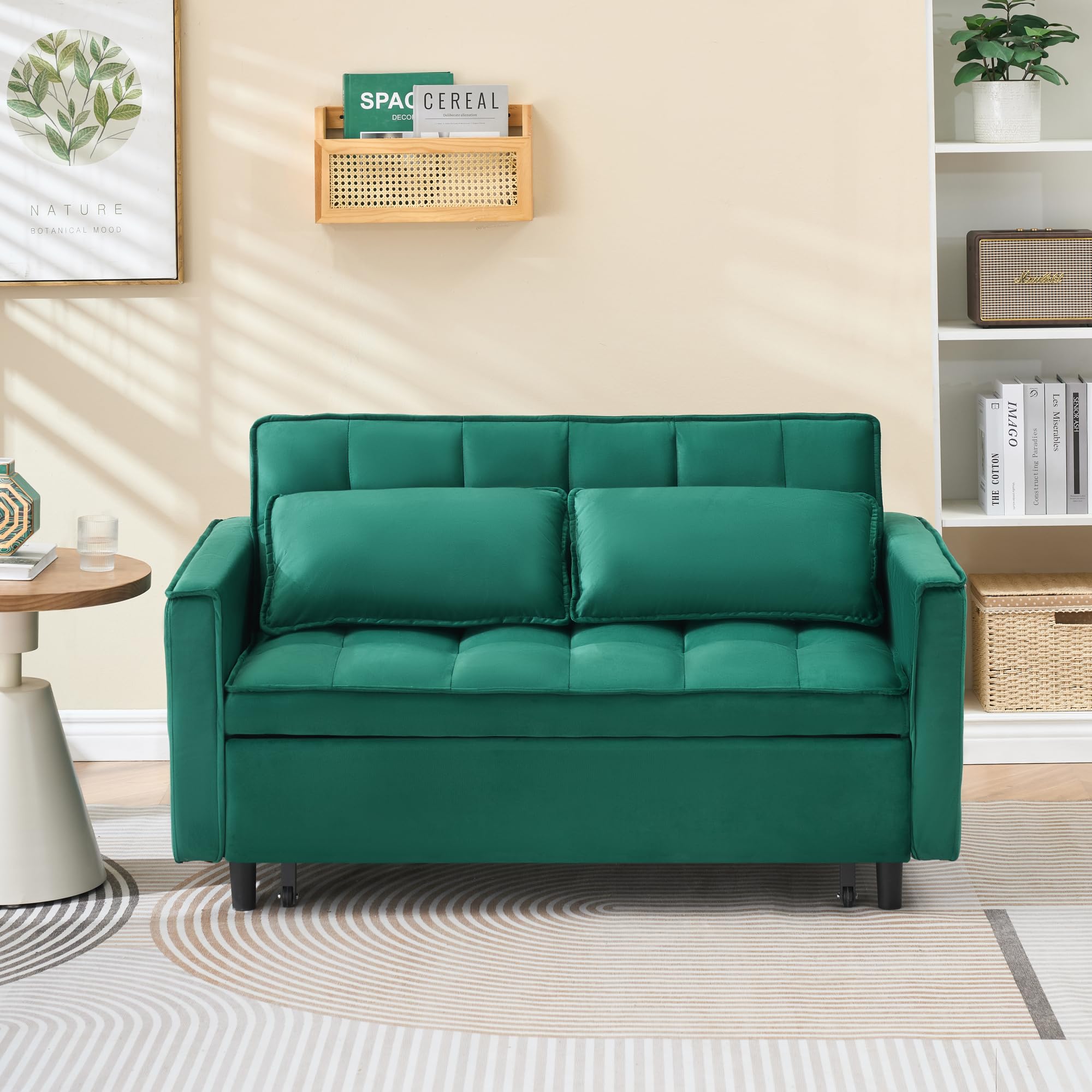 roomfitters 55-Inch Green Velvet Convertible Sleeper Sofa Bed, 3-in-1 Pull Out Futon Loveseat with Pockets and Pillows