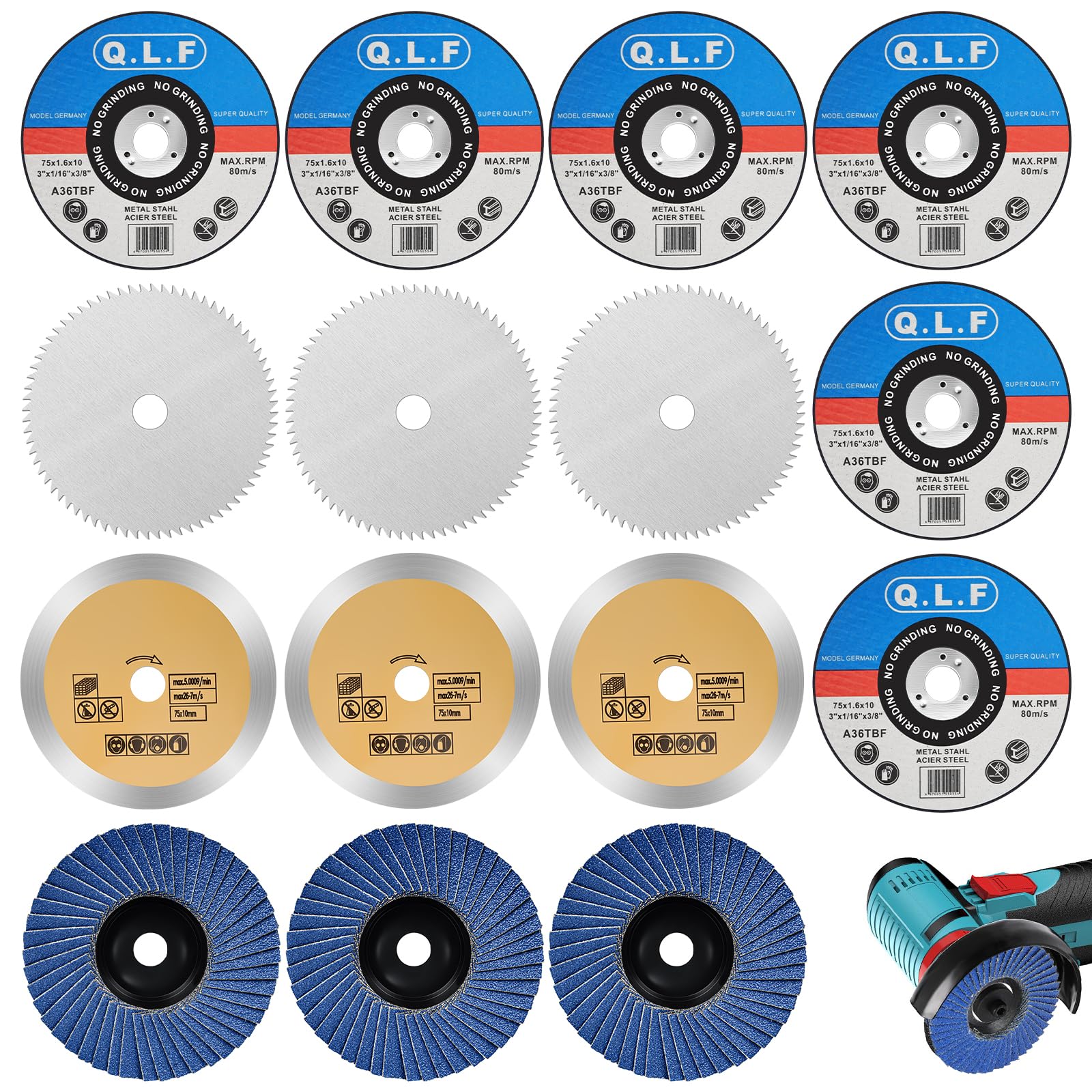 Juego de 15 discos de corte universales 76mm para amoladora angular, metal, madera, azulejos