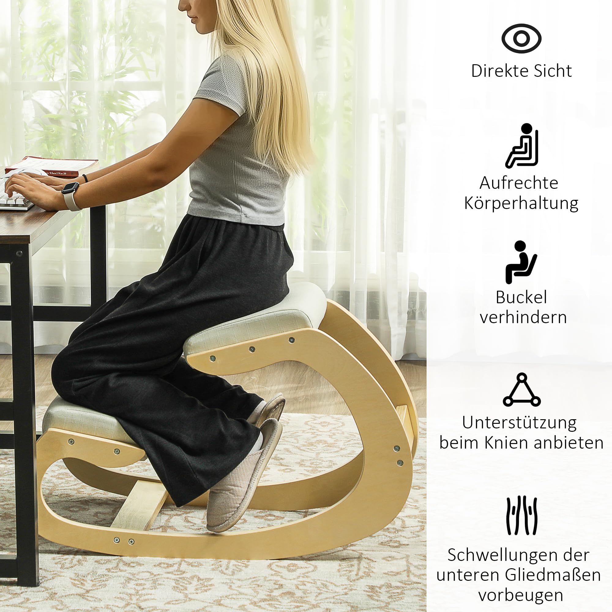 HOMCOM Kniestuhl Ergonomisch, Kniestuhl aus Holz, Bürostuhl für Homeoffice, Gesundheitsstuhl zur Verbesserung der Körperhaltung, Creme