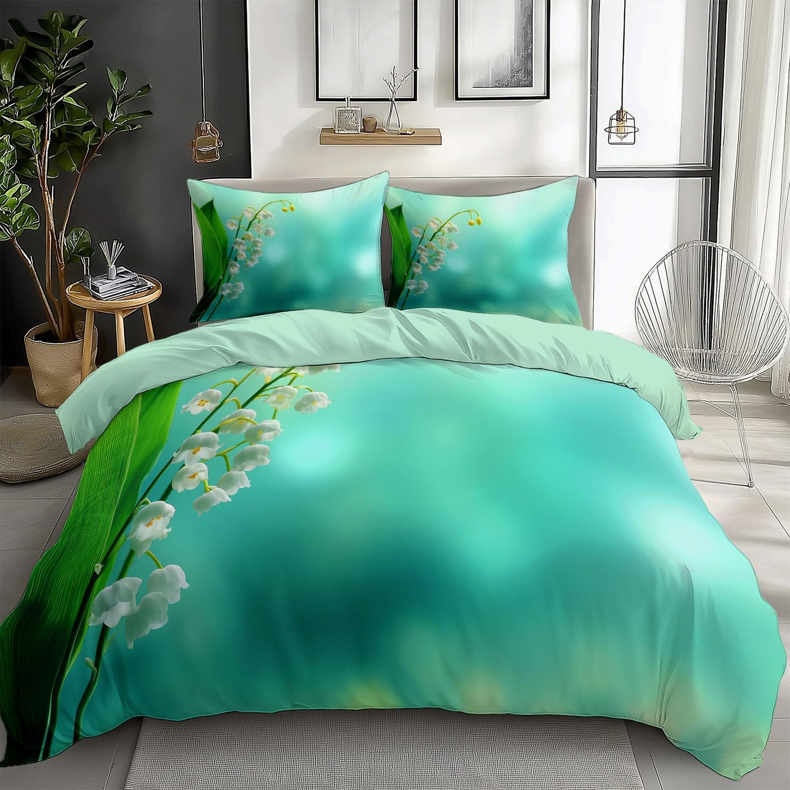 Juego de ropa de cama de 3 piezas, 220 x 240 cm, diseño de lirio de los valles, funda nórdica suave con cremallera y fundas de almohada