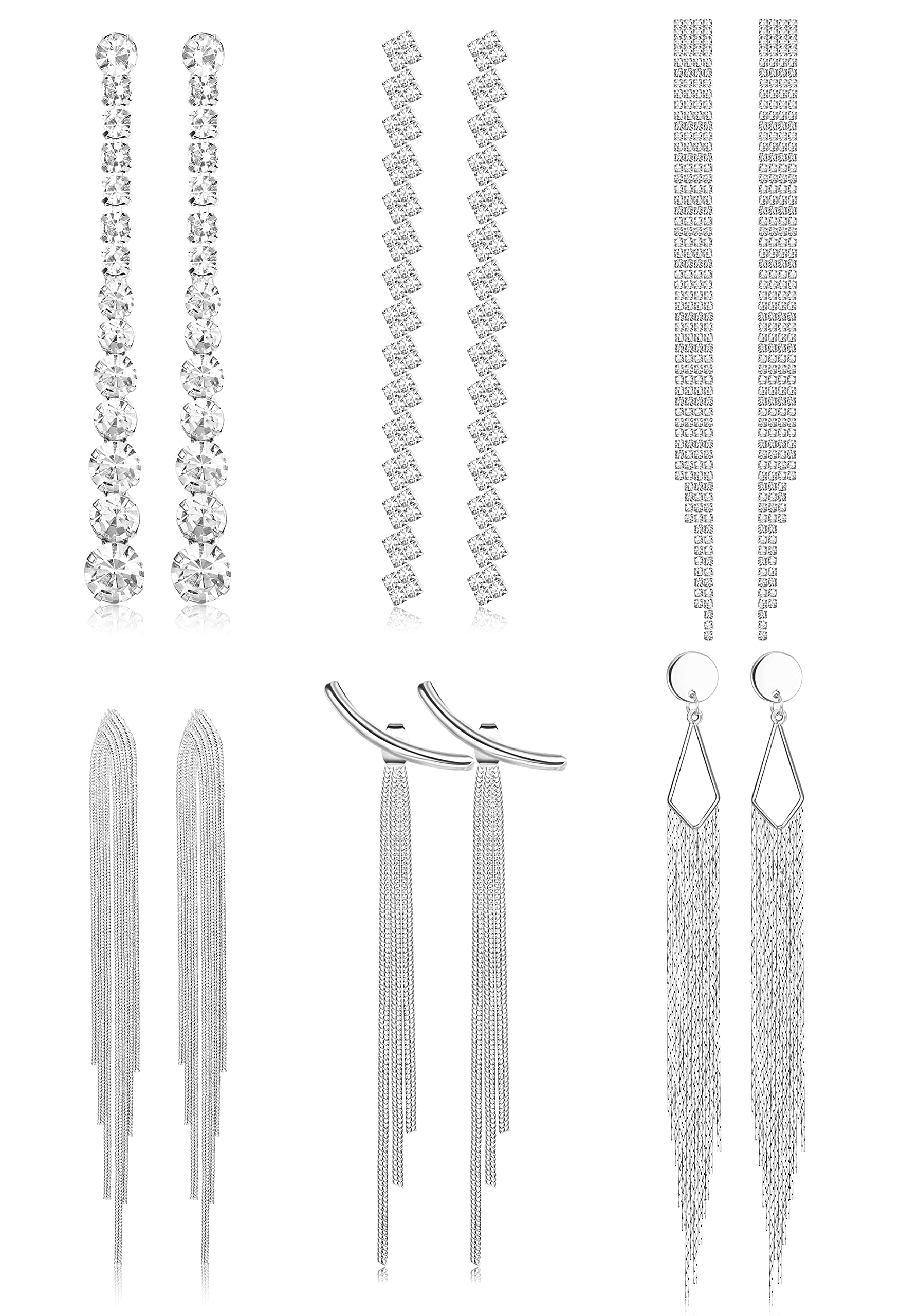 THUNARAZ6Pairs Long Earrings for Women Dangling Drop Hypoallergenic Rhinestone Crystal Simple Sleek Statement Earrings in Gold or Sliver Tone- Safe for Sensitive Ear