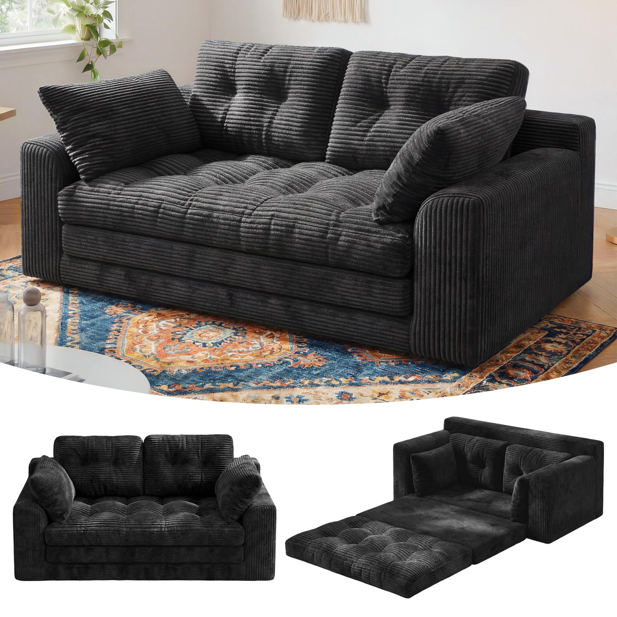 Convertible Folding Sofa Bed 2 in 1 Pull Out Loveseat Sleeper Sofa Corduroy Futon Couch with Pillows Fold