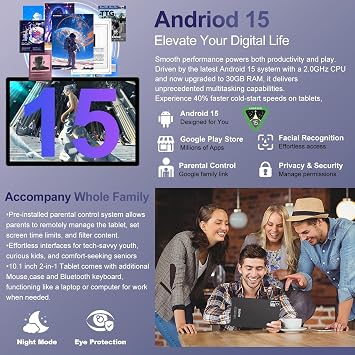 2026 Android 15 Tablet with Keyboard | Gemini AI, 30GB+128GB Octa-Core Electronics Tablets w/ 10 Inch IPS HD Display, 8000mAh, 5G WiFi, 1TB Expand, Mouse+Case, BT 5.0, Widevine L1, Metal Body -Black