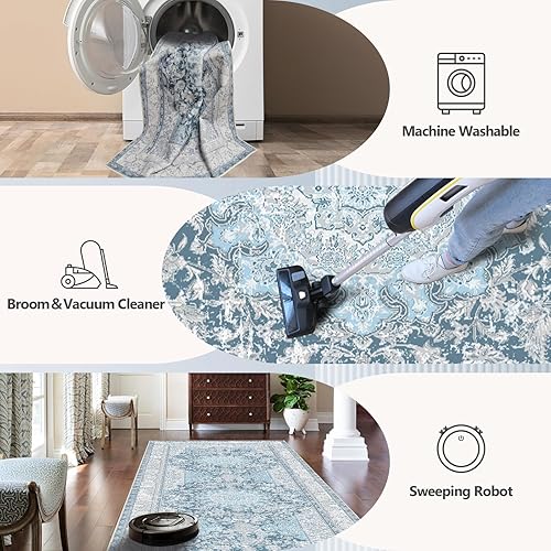 Miniatura 6 de Alfombra bohemia vintage de 2 x 6 pulgadas, lavable, antideslizante, tradicional, azul, para pasillo, cocina, entrada