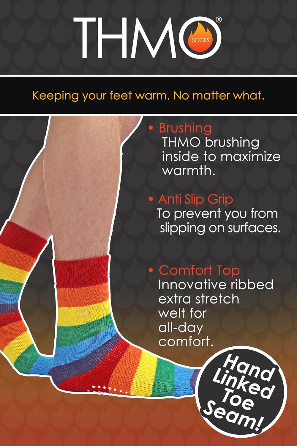 THMO Mens & Womens Striped Rainbow Thermal Slipper Socks with Non Skid Grippers