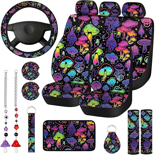 Riakrum 17 Pcs Mushroom Car Seat Covers Mushroom Car Accessories Full Set for Women Men Automotive Rear Front Seat Protector View Mirror Hanging Ornament Steer Wheel Belt Cover(Cool Mushroom)