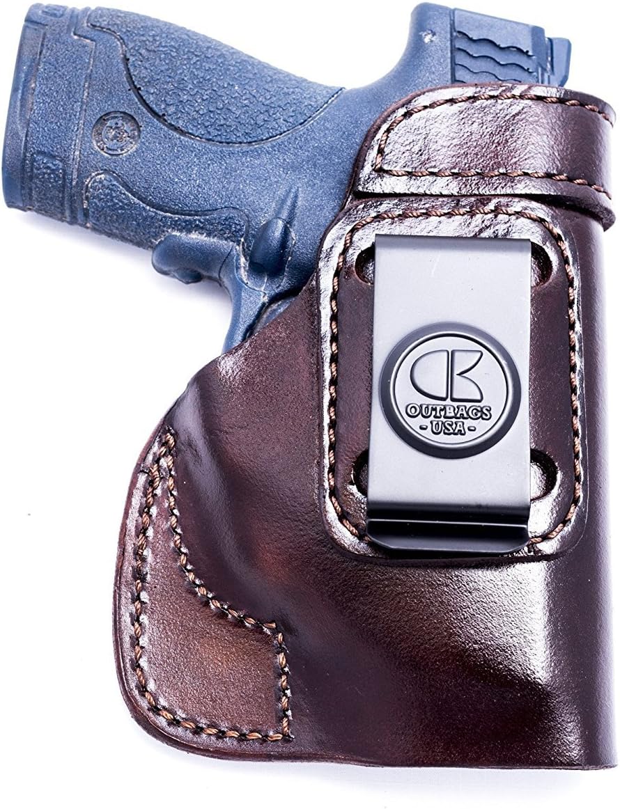 OUTBAGS USA LS2SHIELDX (Brown-Right) Full Grain Heavy Leather IWB Conceal Carry Gun Holster for Smith & Wesson M&P Shield 9mm / 40 S&W with Crimson Trace Laser. Handcrafted in USA.