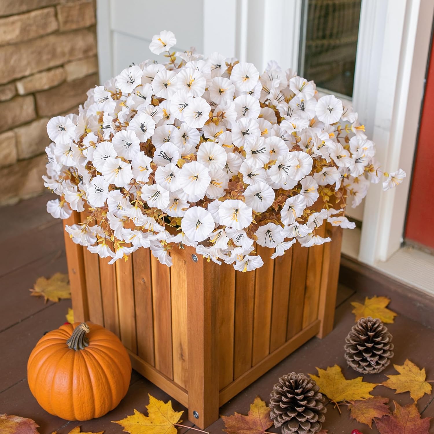 Fake Mums Artificial Fall Flowers Fake Plants for Outdoors Autumn Decor, 12 Bundles White Silk Morning Glory with Eucalyptus Look Real UV Resistant Faux Flowers for Outside Planters Front Door Yard - Image 2