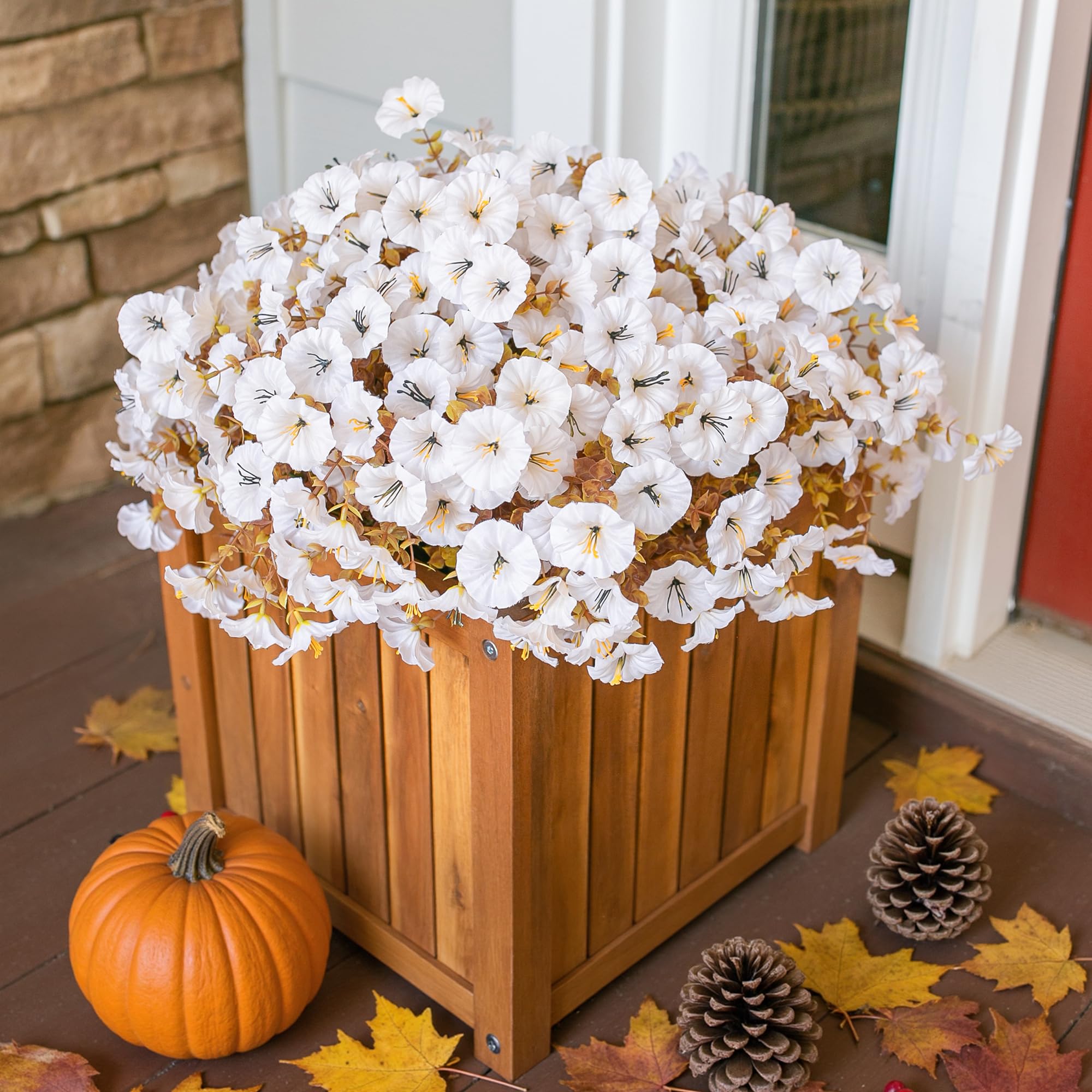 Fiori artificiali autunnali per esterni, decorazione autunnale, 12 fasci di seta bianca con effetto eucalipto, veri fiori finti resistenti ai raggi UV, per fioriere esterne, porta d'ingresso, cortile