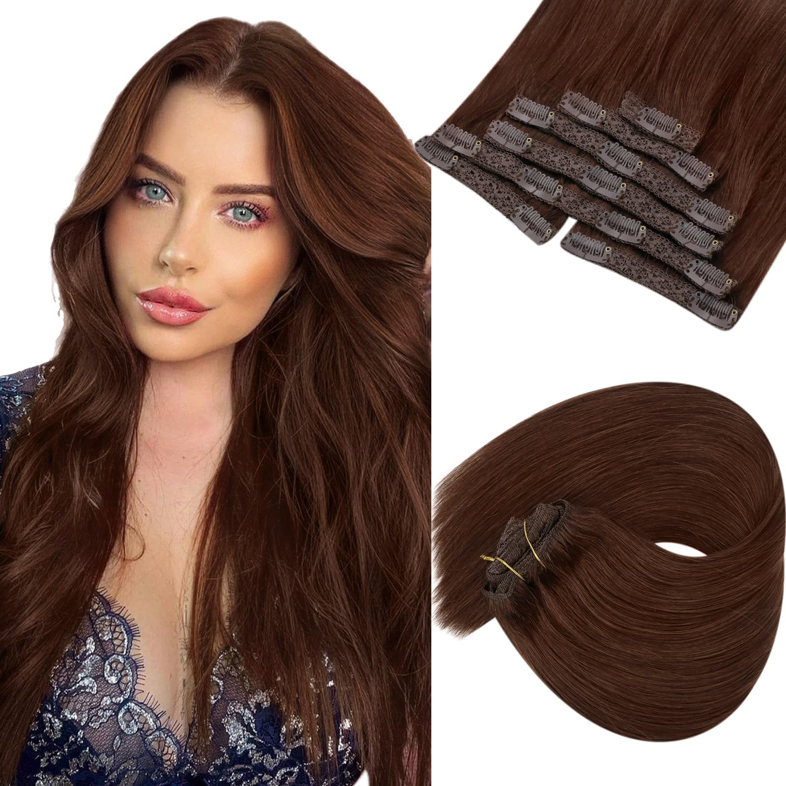 Ve Sunny Clip on Hair Extensions 12inch Auburn Brown Clip in Hair Extensions Human Hair Red Auburn Hair Extensions Clip ins Short Hair for Women Color 33 5Pcs 80G