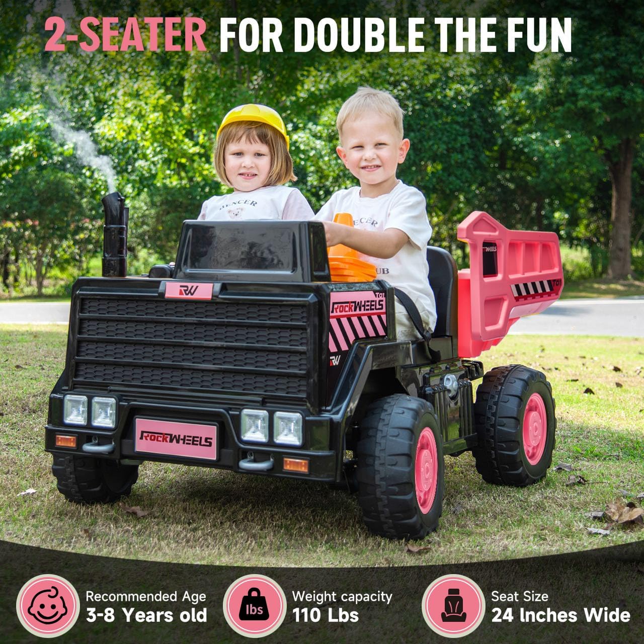 Rock Wheels 24V 7AH 2-Seater 4WD Dumper Ride-On Construction Car, 4x200W Motors, Electric Tipping Dump Bed, Remote Control, LED Lights, Steam Spray, Helmet Included, 24" Seat - Pink