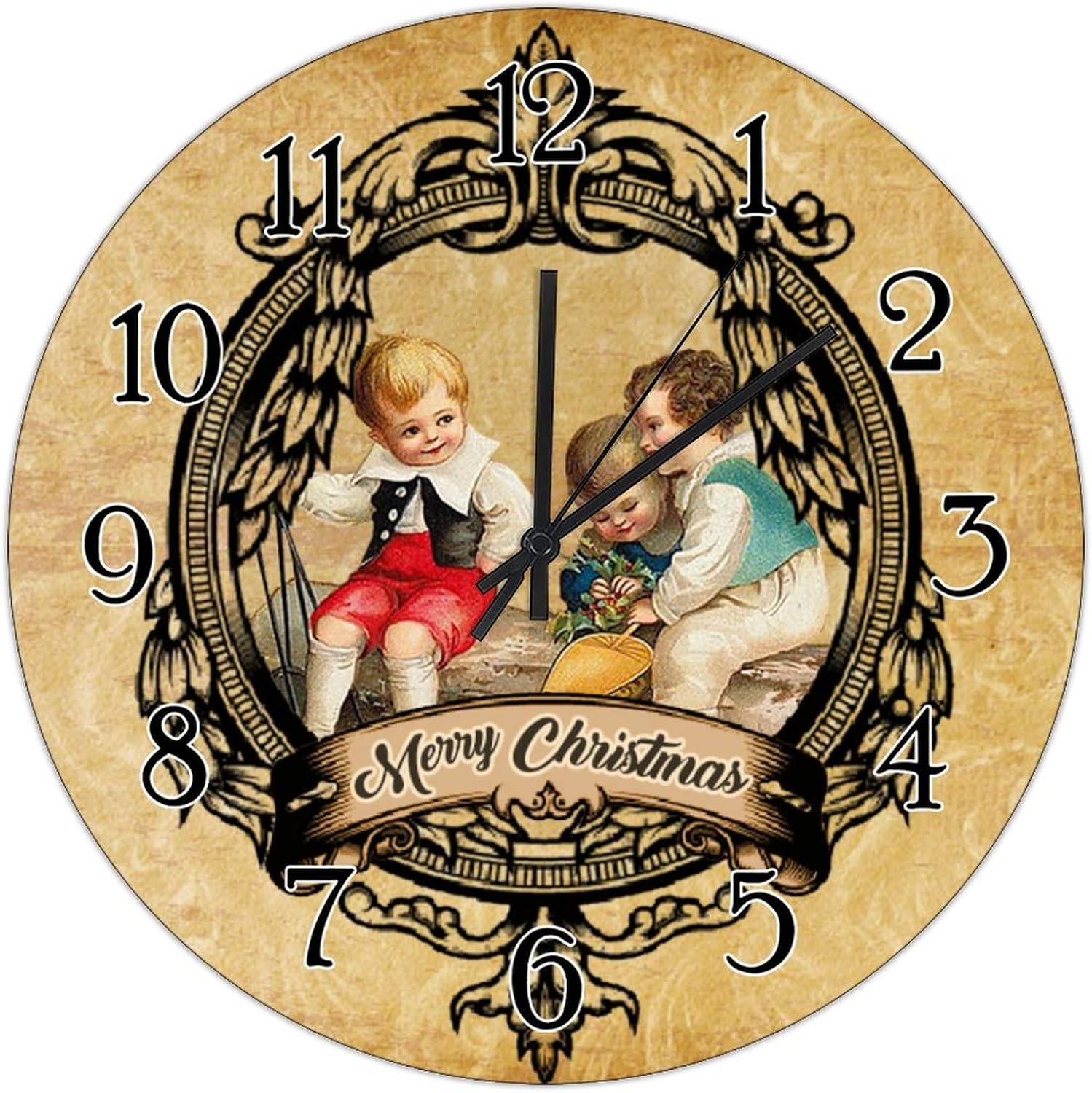 French Style Old Time Santa Hanging Wall Clock Vintage Merry Christmas Santa Claus Wall Clock Happy Christmas Wood Round Clock Battery Operated Silent Wooden Clocks for Living Room 15inch