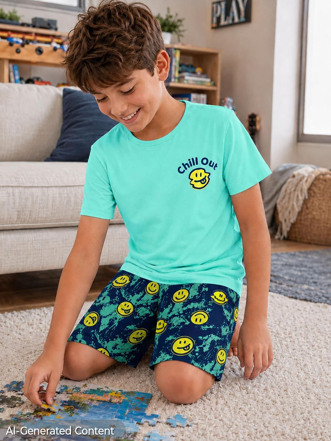 Beezizac Boys Pajamas, Teal & Navy Face Short-Sleeve and Shorts, Sizes 6-18