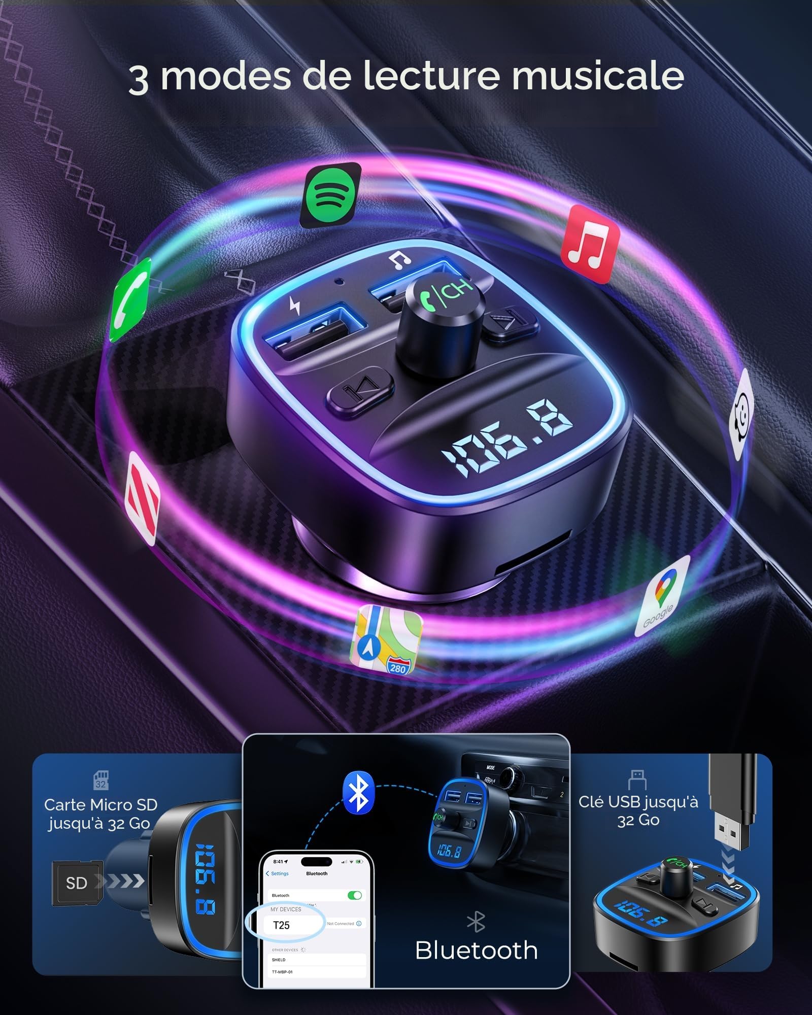 LENCENT Bluetooth Voiture, Transmetteur FM Lecteur MP3 Adaptateur Radio sans Fil Kit, Émetteur FM Voiture Chargeur pour Appel Mains Libres avec 2 USB Port 5V/2.4A1A, Support Carte SD/Clé USB (Noir)