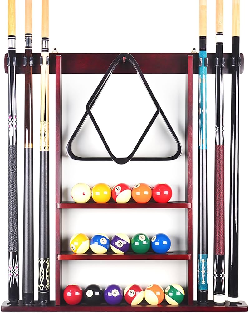 RUP Pool Cue Rack Wall Mount, 6 Pool Billiard Cue Rack, holds ball set, chalk & triangle, Made of Solid Pine Wood, Pool Table Accessories for Billiard