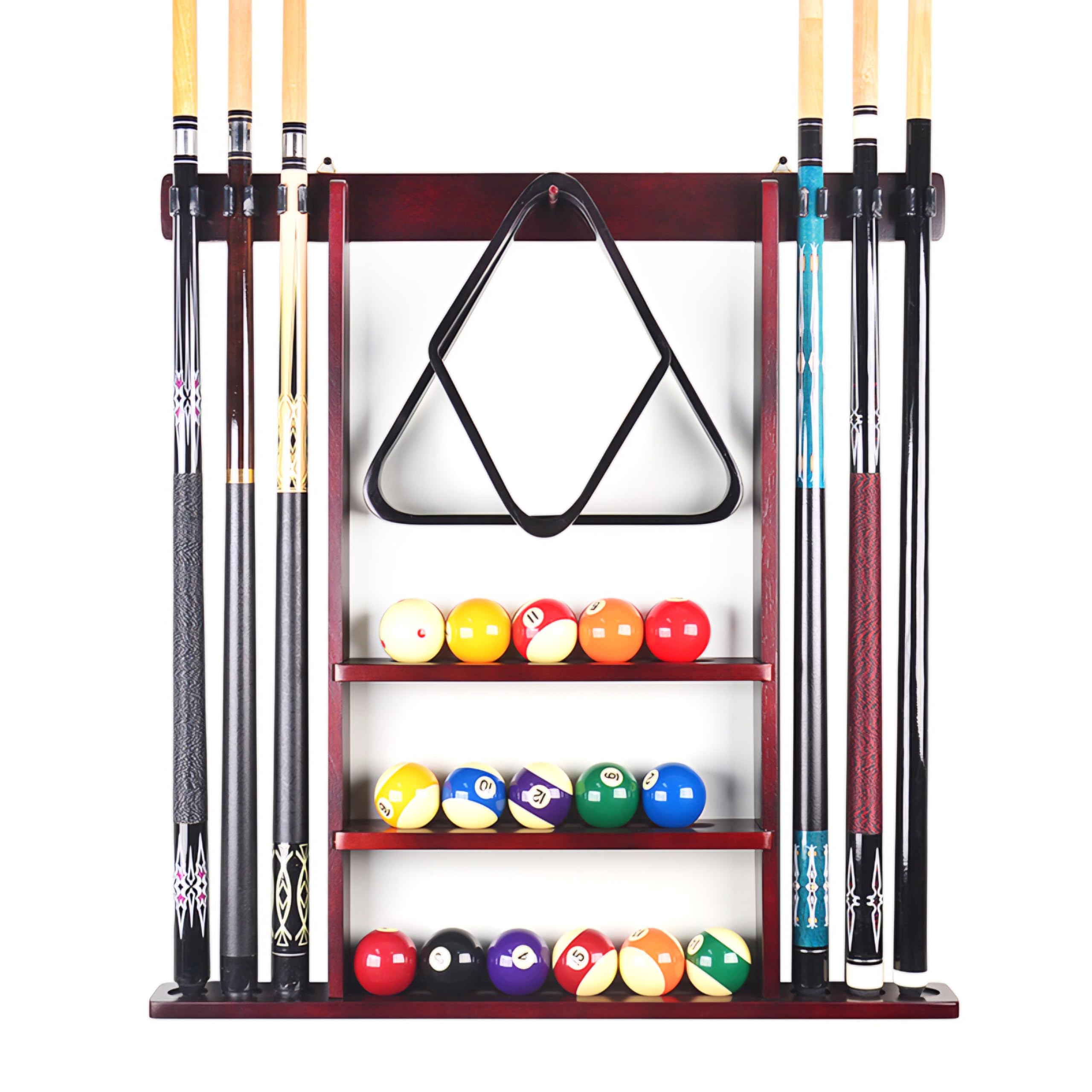 RUP Pool Cue Rack Wall Mount, 6 Pool Billiard Cue Rack, holds ball set, chalk & triangle, Made of Solid Pine Wood, Pool Table Accessories for Billiard Room or Club (accesories not included)-picture-11