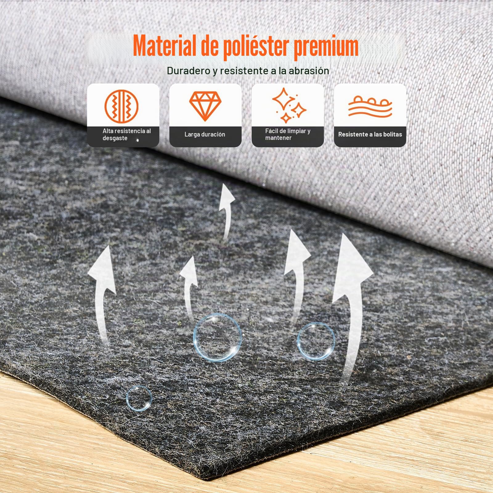 VEVOR Cojín para Alfombra Cojín Protector de Suelo, 275 x 366 cm 12 mm de Espesor, Fieltro de Poliéster, Gris, Área de Cobertura de 10-11 ㎡ Protección del Suelo Cómodo para Dormitorio, Sala de Estar