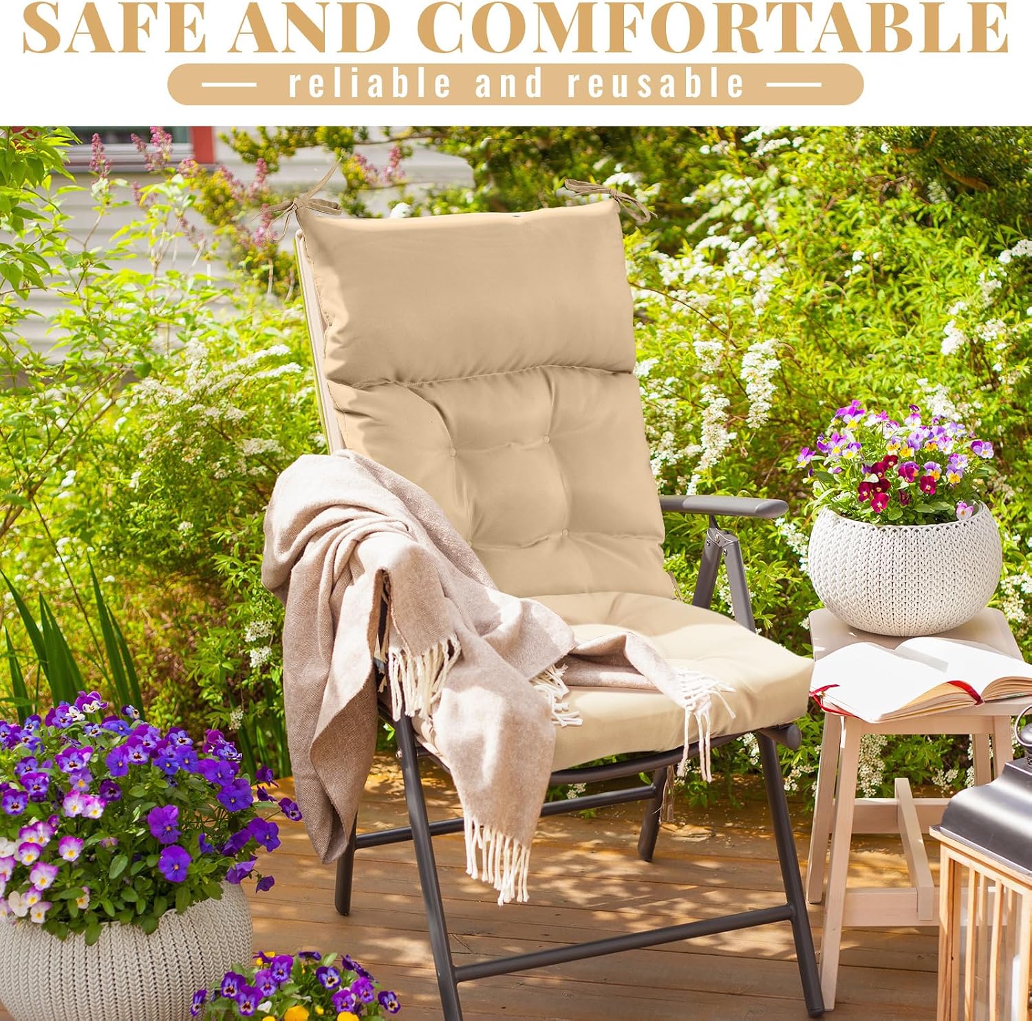 Sintuff 4 Pcs 44 x 21 x 4 Outdoor Chair Cushion Patio Chair Cushions Seat/Back Tufted Pillow with Ties Water Resistant Replacement Indoor Patio Furniture Outdoor Furniture (Solid Color,Beige)