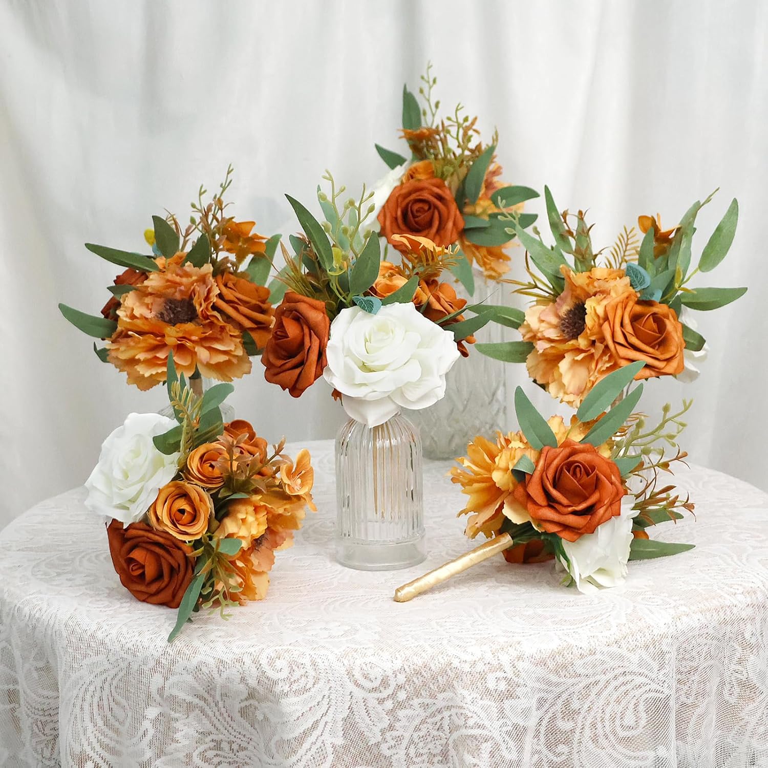 Fall Flowers Mini Bouquets Set of 6 Table Decoration Burnt Orange Floral Centerpieces for Autumn Thanksgiving Wedding Dinning Table Reception Decorations
