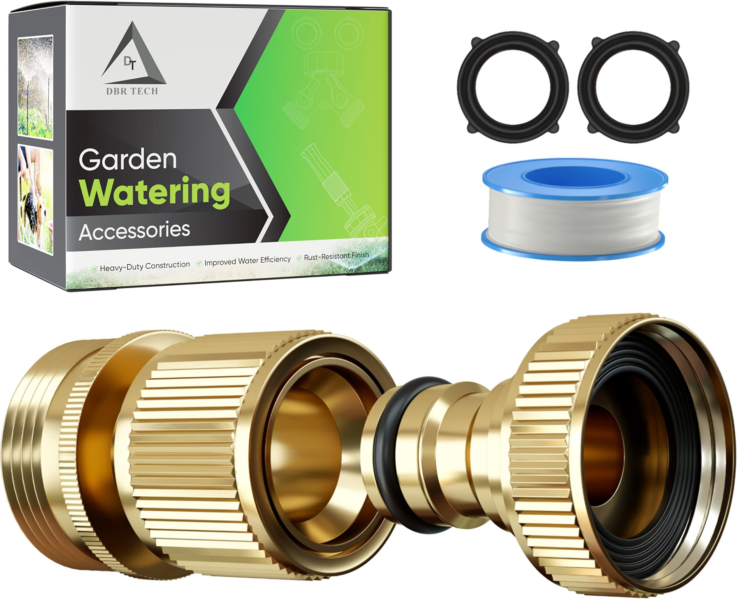 DBR Tech Quick Connect Garden Hose Fittings, Male and Female Solid Brass Connectors, Heavy-Duty Rust Resistant Coupler Supports High Water Pressure Systems, Easy Disconnect Fitting, 1-Pack,ET