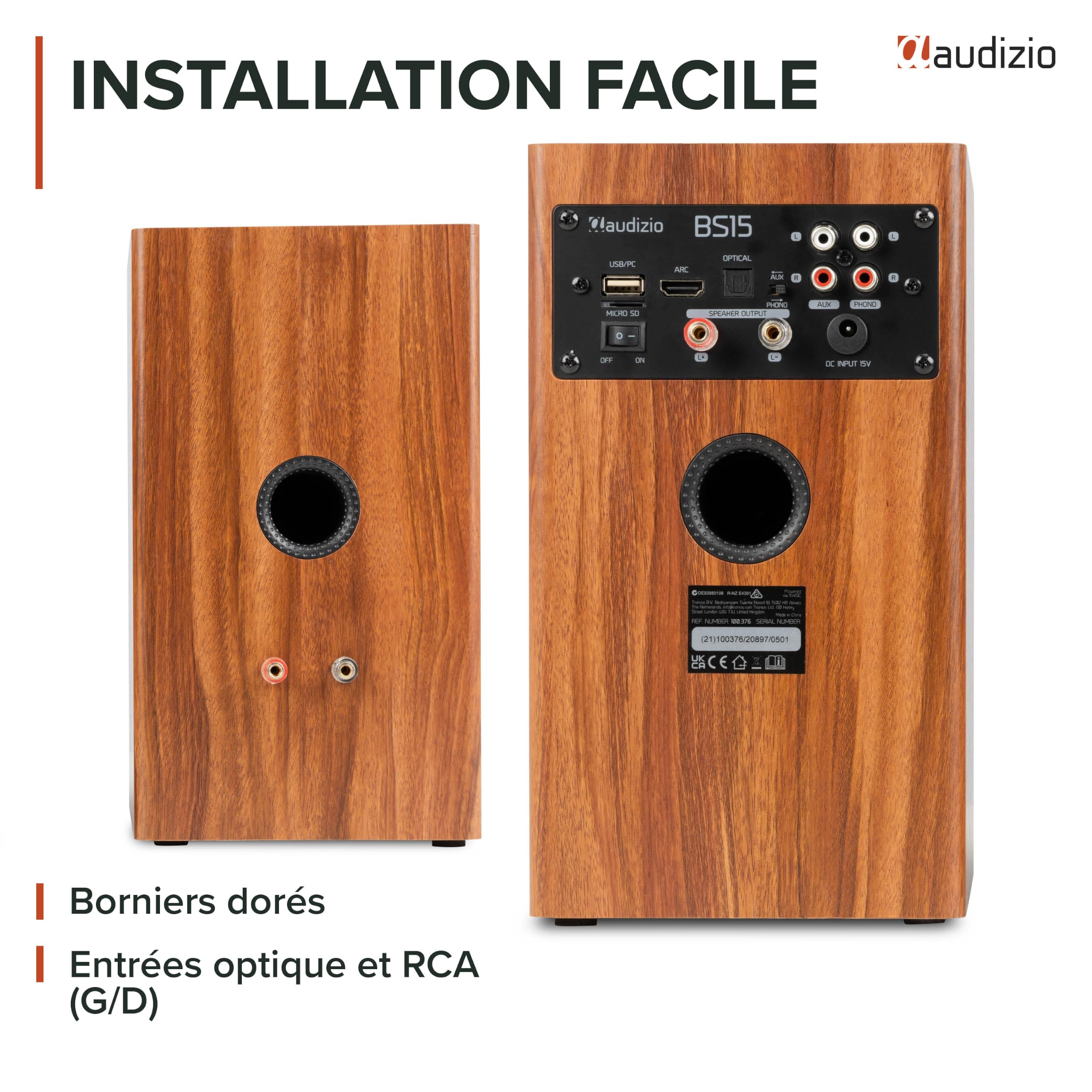 Audizio BS15 Enceintes Bibliothèque BT Actives 60W HiFi avec HDMI Arc Merisier