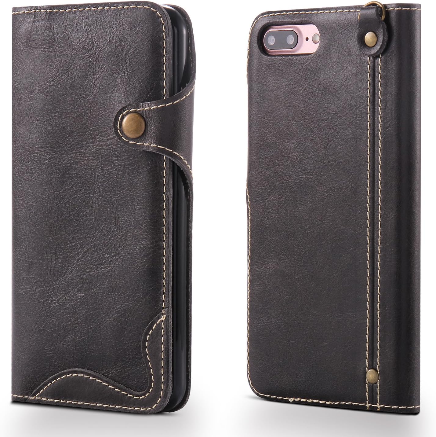 Genuine Leather Wallet Case for iPhone 8 Plus,Classic Oil Wax Pattern Real Leather Button Card Slot Flip Stand Case Cover with Lanyard Red