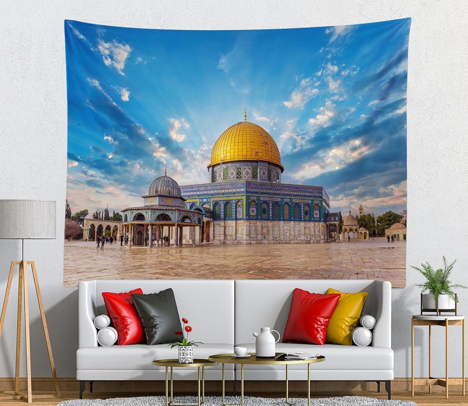 CORFOTO 180x117 Inch Fabric Jerusalem Mosque Tapestry Dome of the Rock on the Temple Mount Israel Wall Hanging Islamic Muslim Tapestry for Bedroom Living Room College Dorm Decor Wallpaper